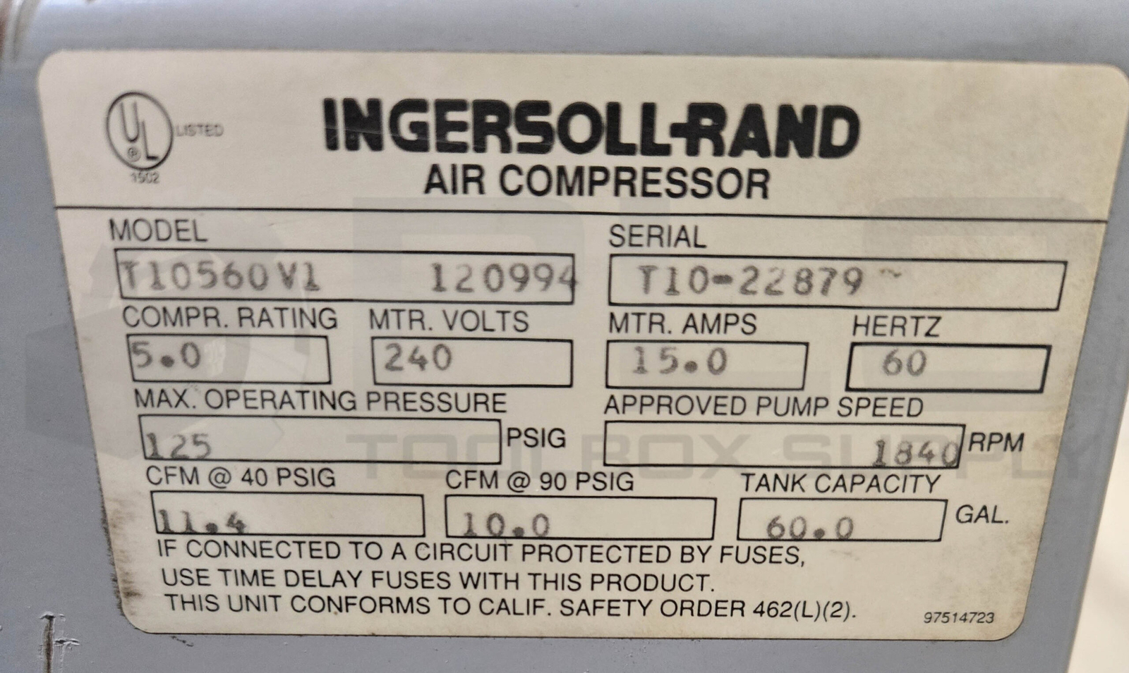 INGERSOLL-RAND T10 AIR TANK 60 GALLLON CAPACITY