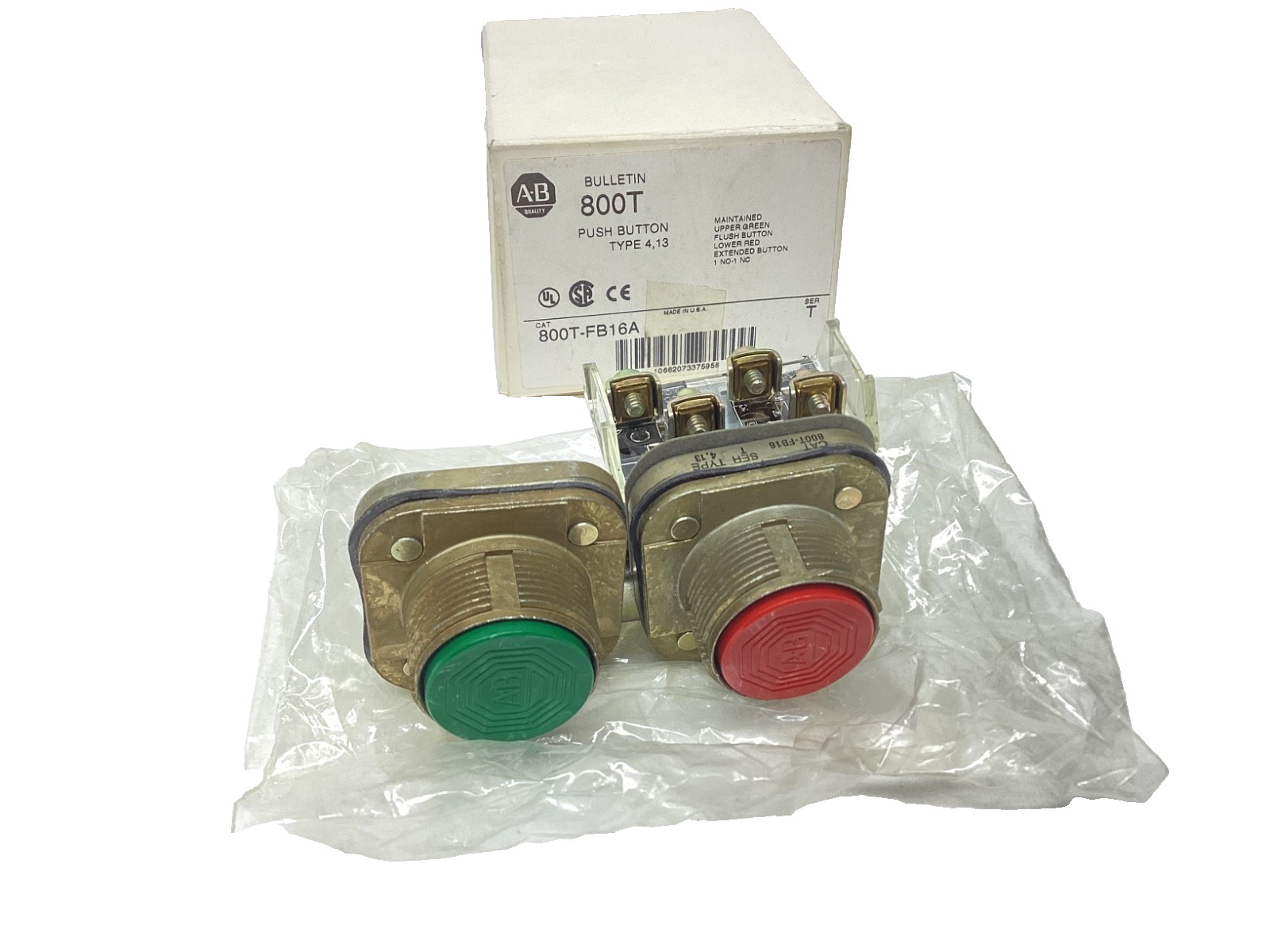 ALLEN BRADLEY 800T-FB16A PUSHBUTTON FLUSH GREEN RED 1NO/1NC SERIES T READ