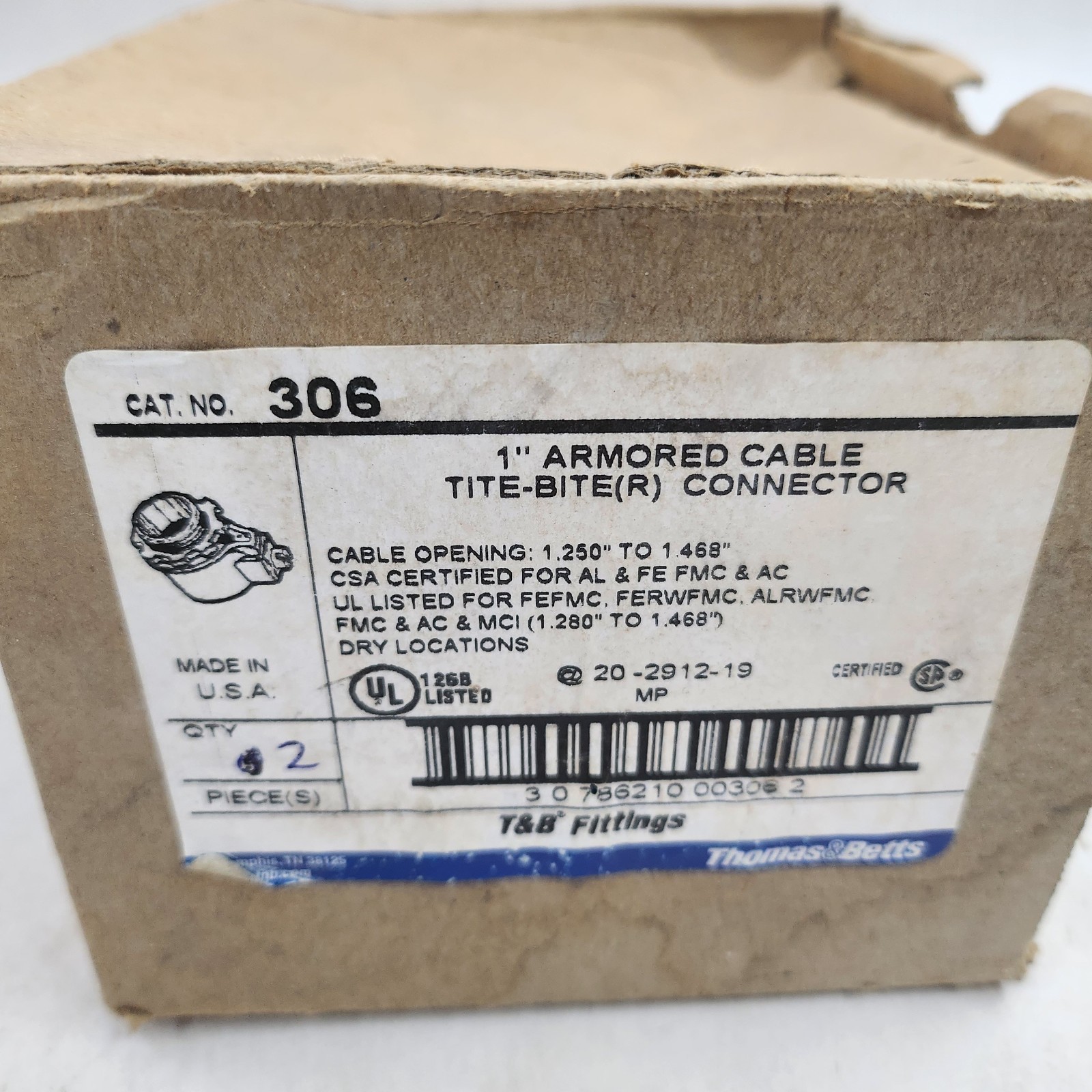 [BOX OF 2] THOMAS & BETTS 306 ARMORED CABLE CONNECTOR, 1″, TITE-BITE