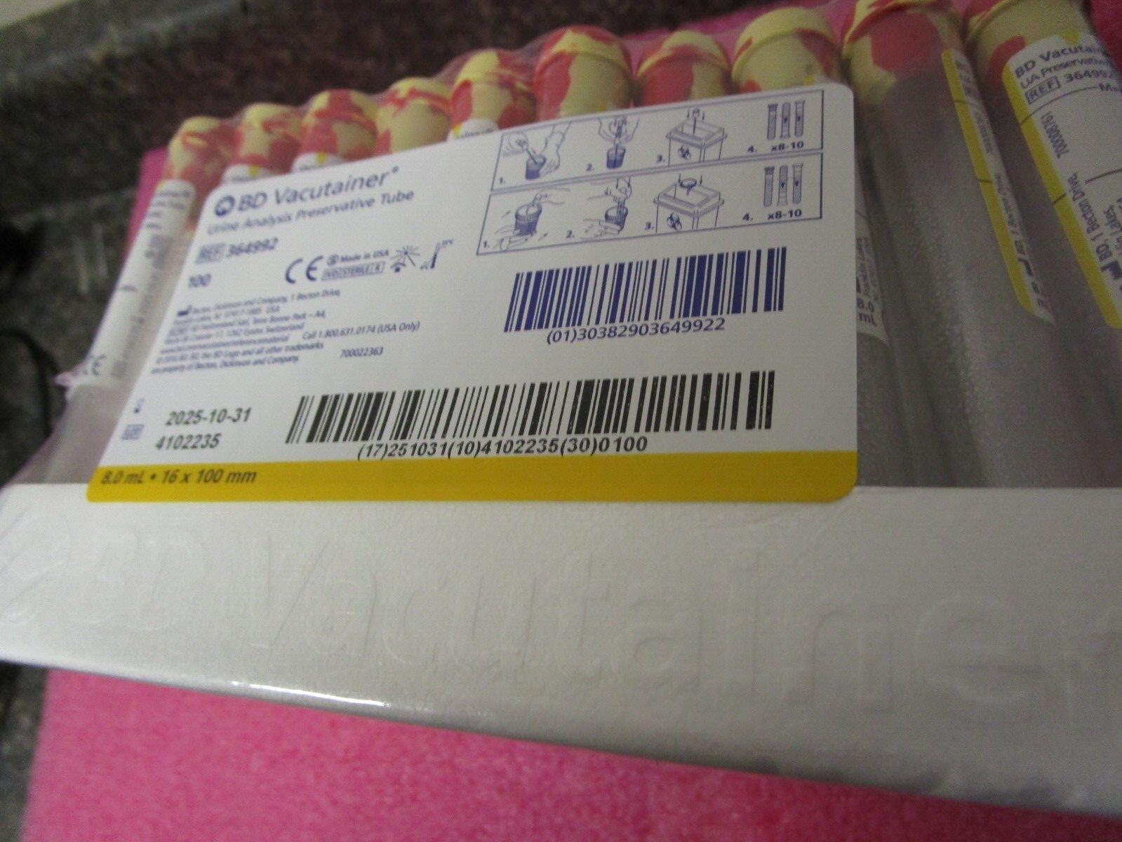 BD Vacutainer REF 364992 8mL Urine Analysis Preservative Tube 100 Pack EX10/2025