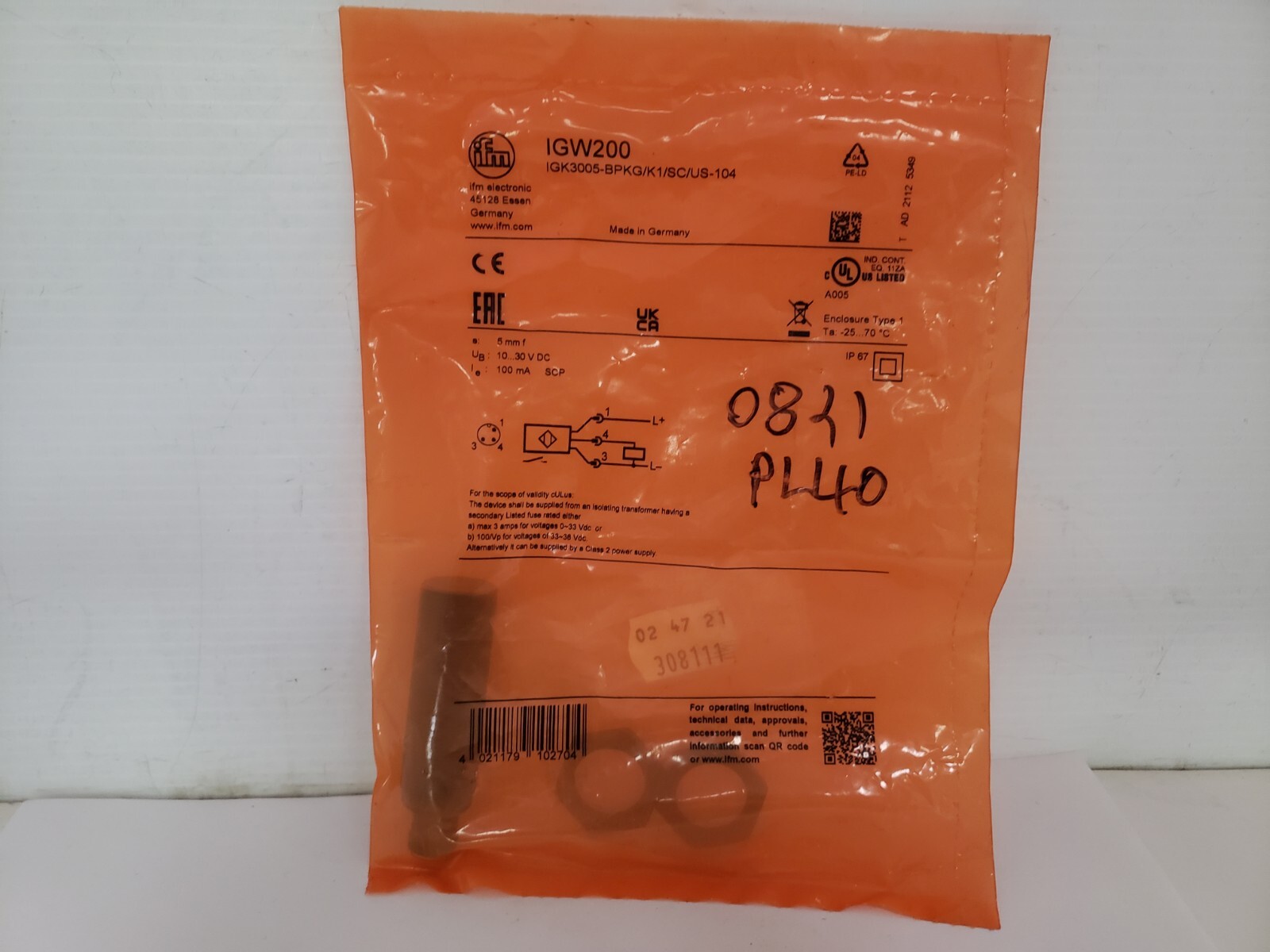 IFM ELECTRONIC IGK3005-BPKG/K1/SC/US-104 INDUCTIVE SENSOR (IGW200) NIB