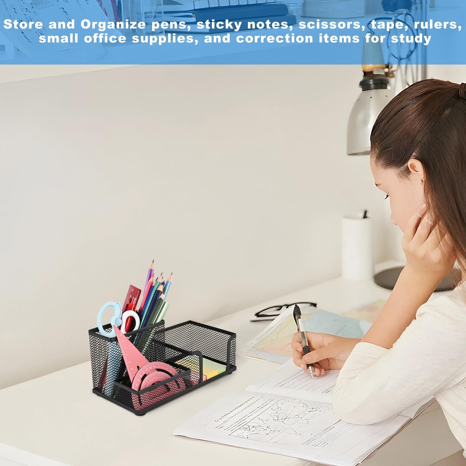 Mesh Desk Organizer, Pen and Stationery Holder with 3 Compartments for Black