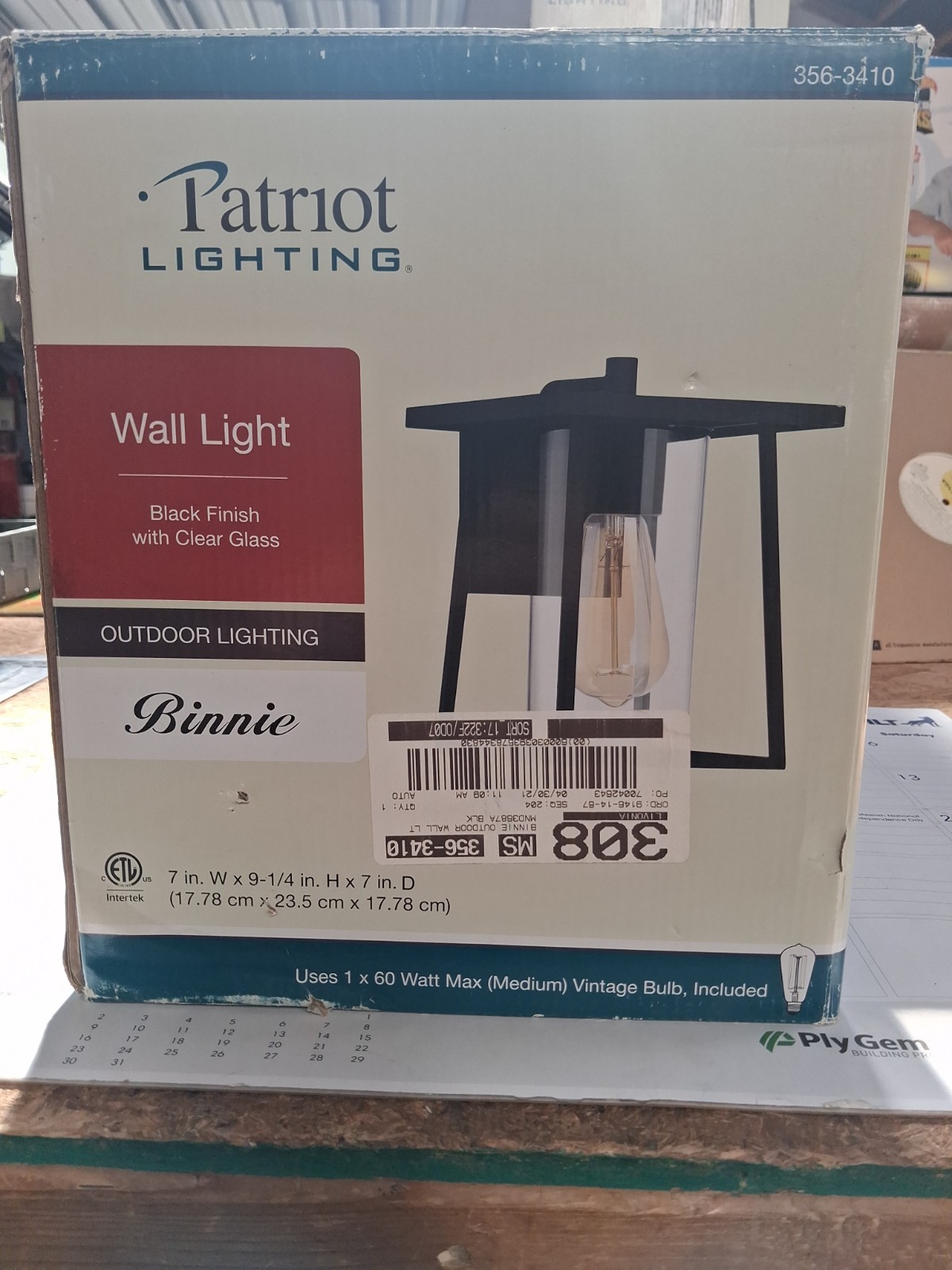 Patriot 356-3410 Wall Light Black Finish Clear Glass- Binnie-NEW –
