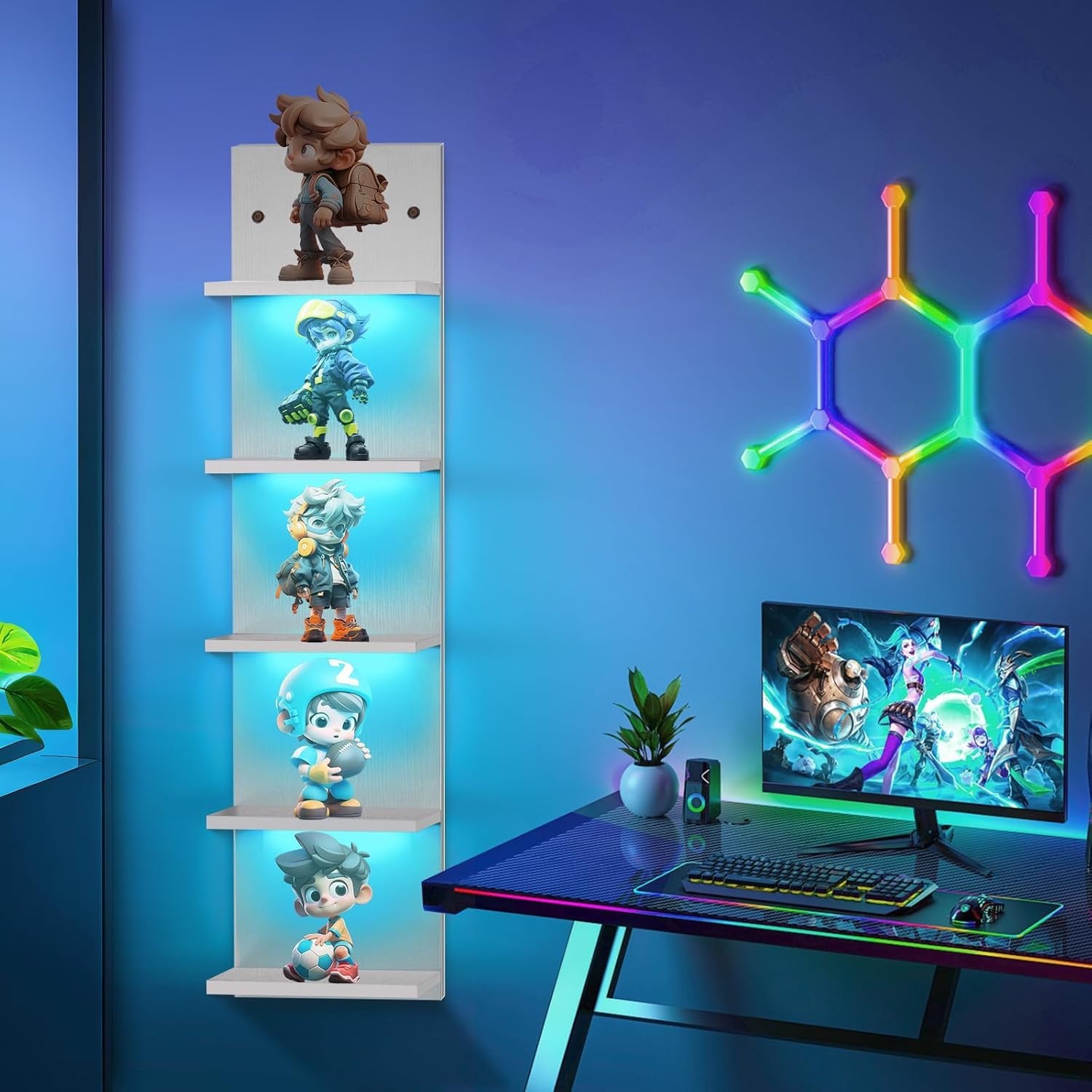 5-Tier LED Wall-Mount Display Shelf – RGB Lighting, Floating Storage for Bedroom
