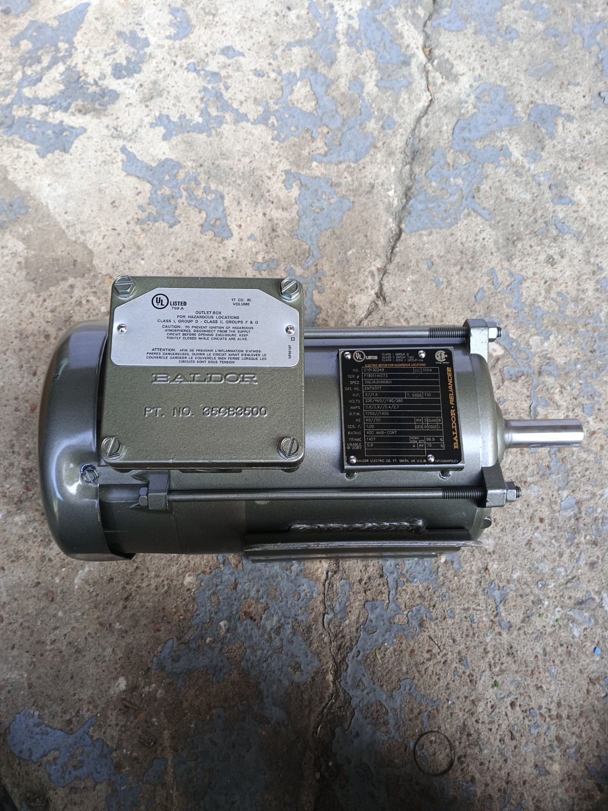2 1.5HP BALDOR EM7037T MOTOR PH 3 FR:145T 230/460/190/320 VOLTS