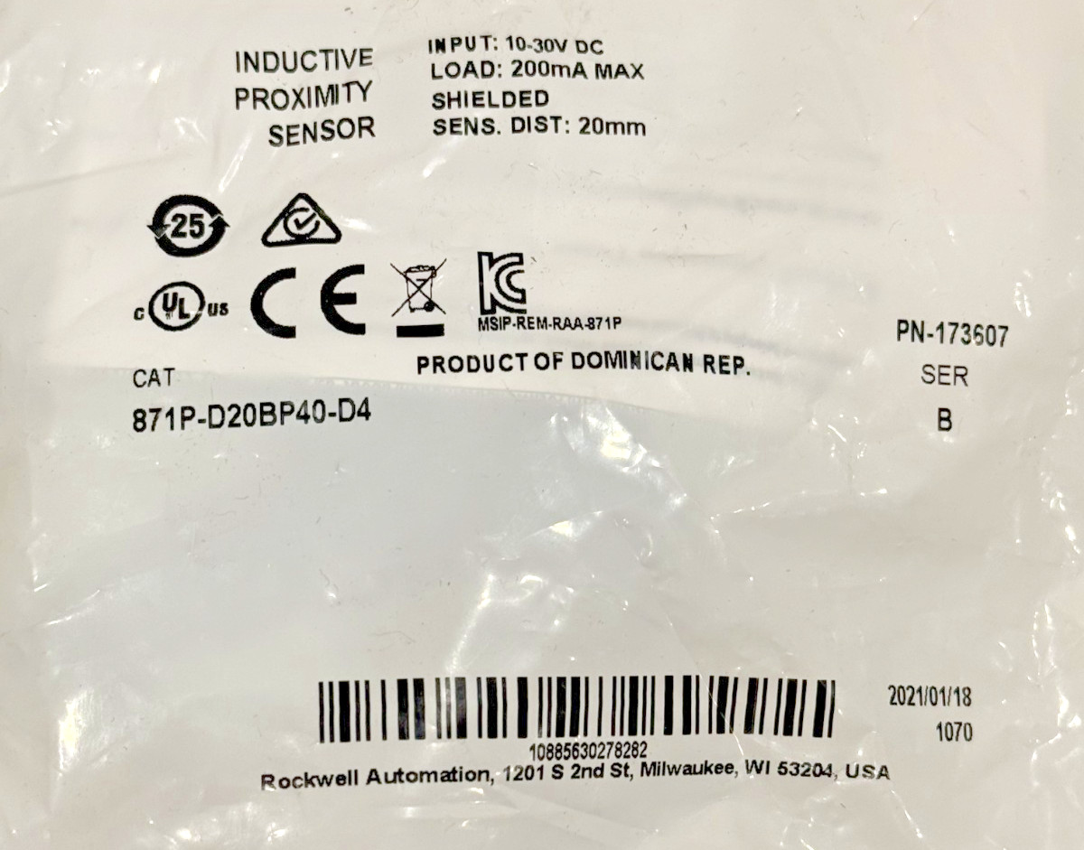 ALLEN BRADLEY 871P-D20BP40-D4 SER. B PROXIMITY SENSOR 871PD20BP40D4 NEW SURPLUS