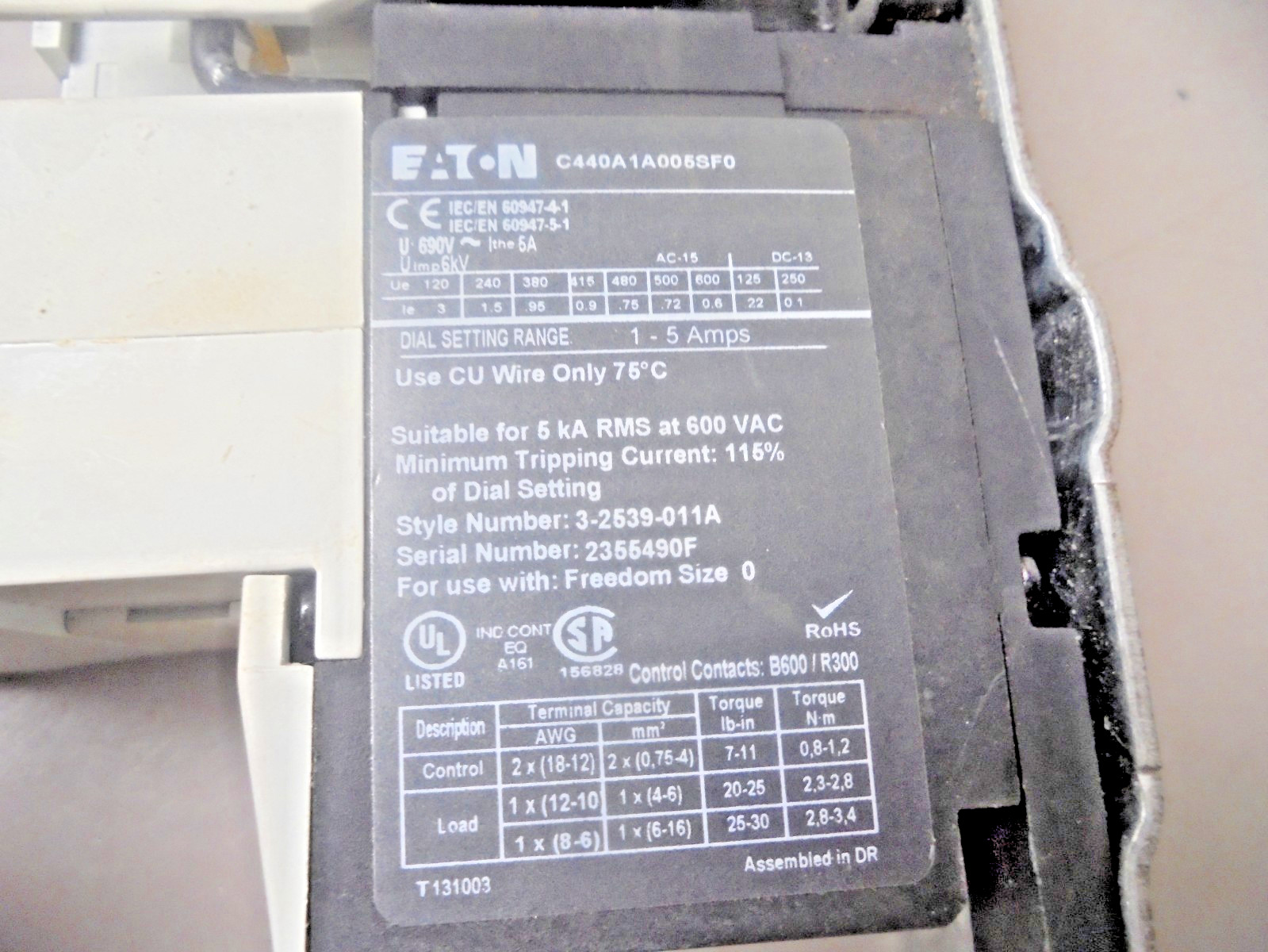 Eaton AN19BN0 Motor Control Starter / C440 Relay