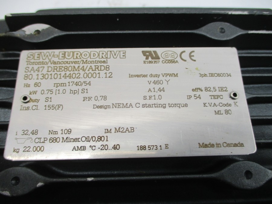 SEW-EURODRIVE SA47DRE80M4/ARD8 460V 1.44A NSNP