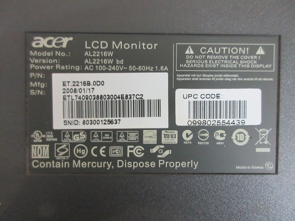 Acer AL2216W LCD Monitor w/Mount