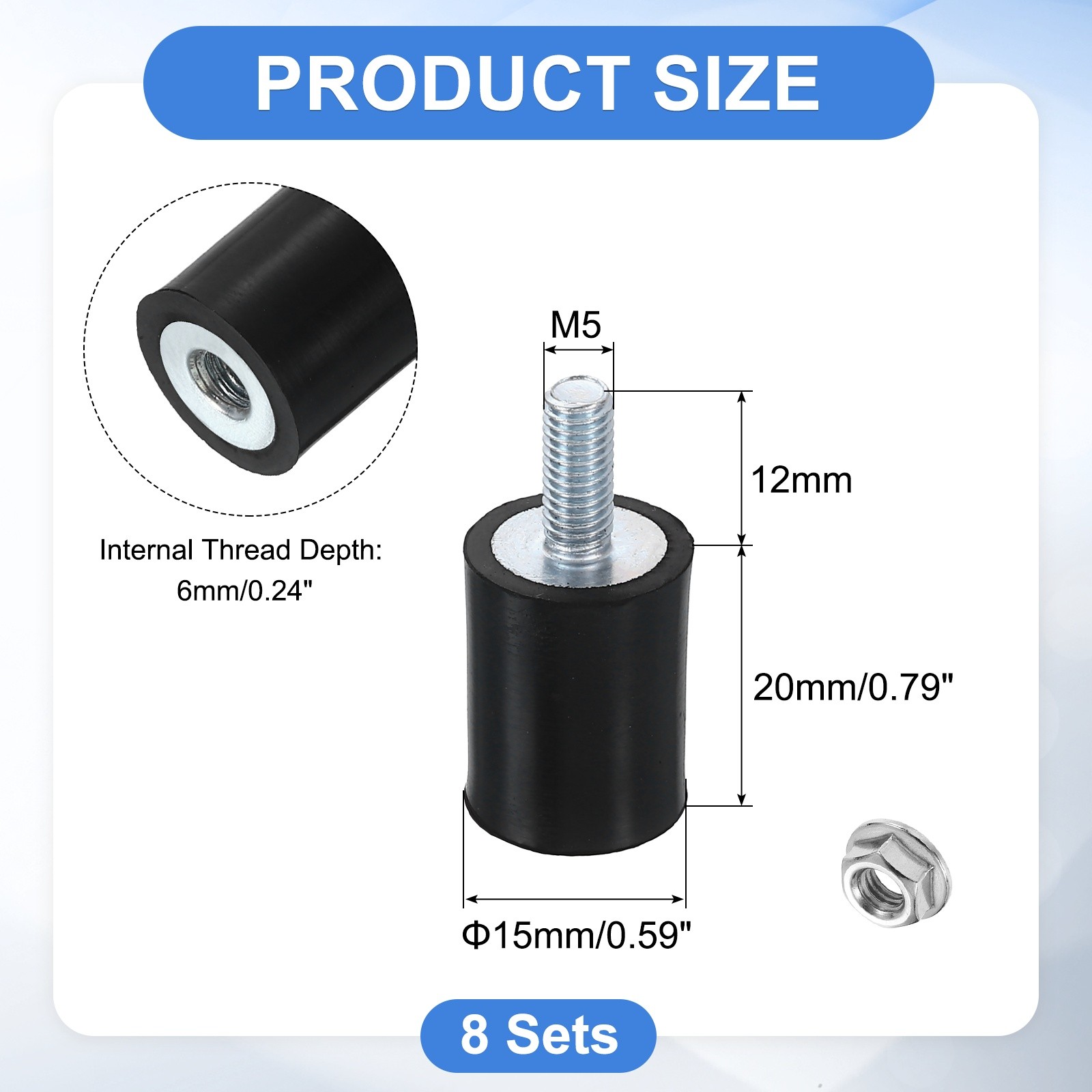 8Pcs M5x12mm Rubber Mounts, 15x20mm(DxH) Rubber Shock Absorber Mount with Nuts
