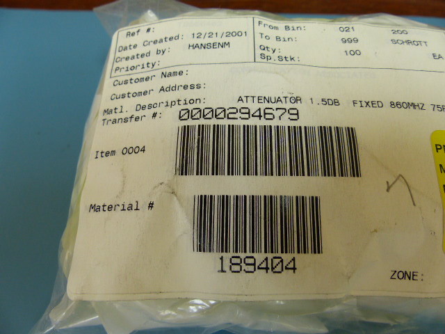 Scientific Atlanta 189404 Qty of 20 per Lot 1.5dB ATTENUATOR TO5 860MHZ 75