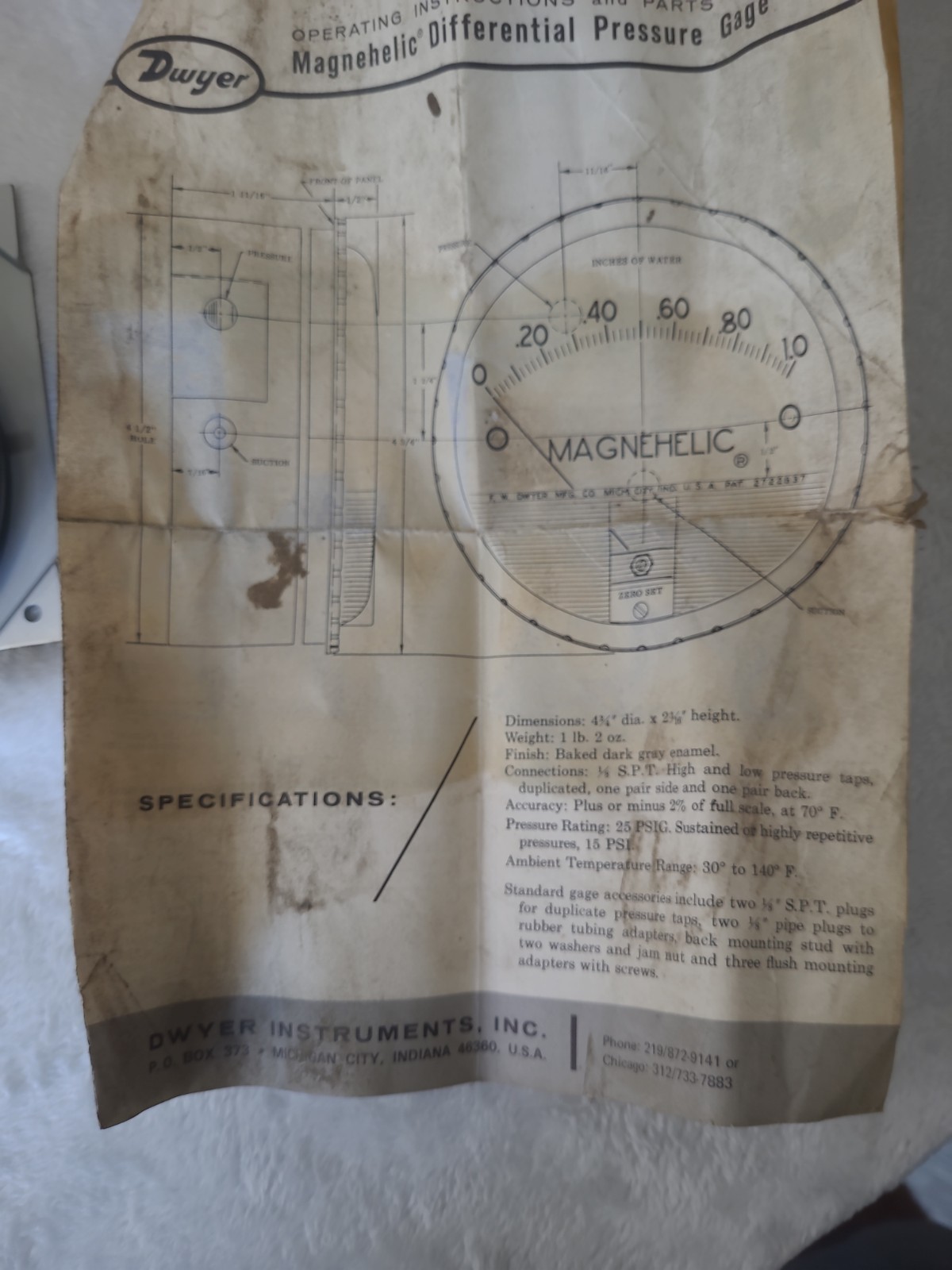 Dwyer 2301 Magnehelic Series 2000 Differential Pressure Gauge, Range 0.5-0-0.5WC