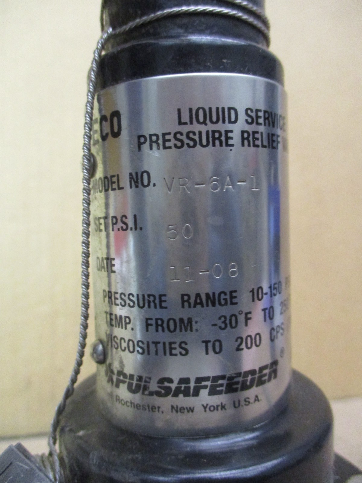 ECO Liquid Service Pressure Relief Valve VR-6A-1 Set P.S.I. 50 Idex 53606WVS