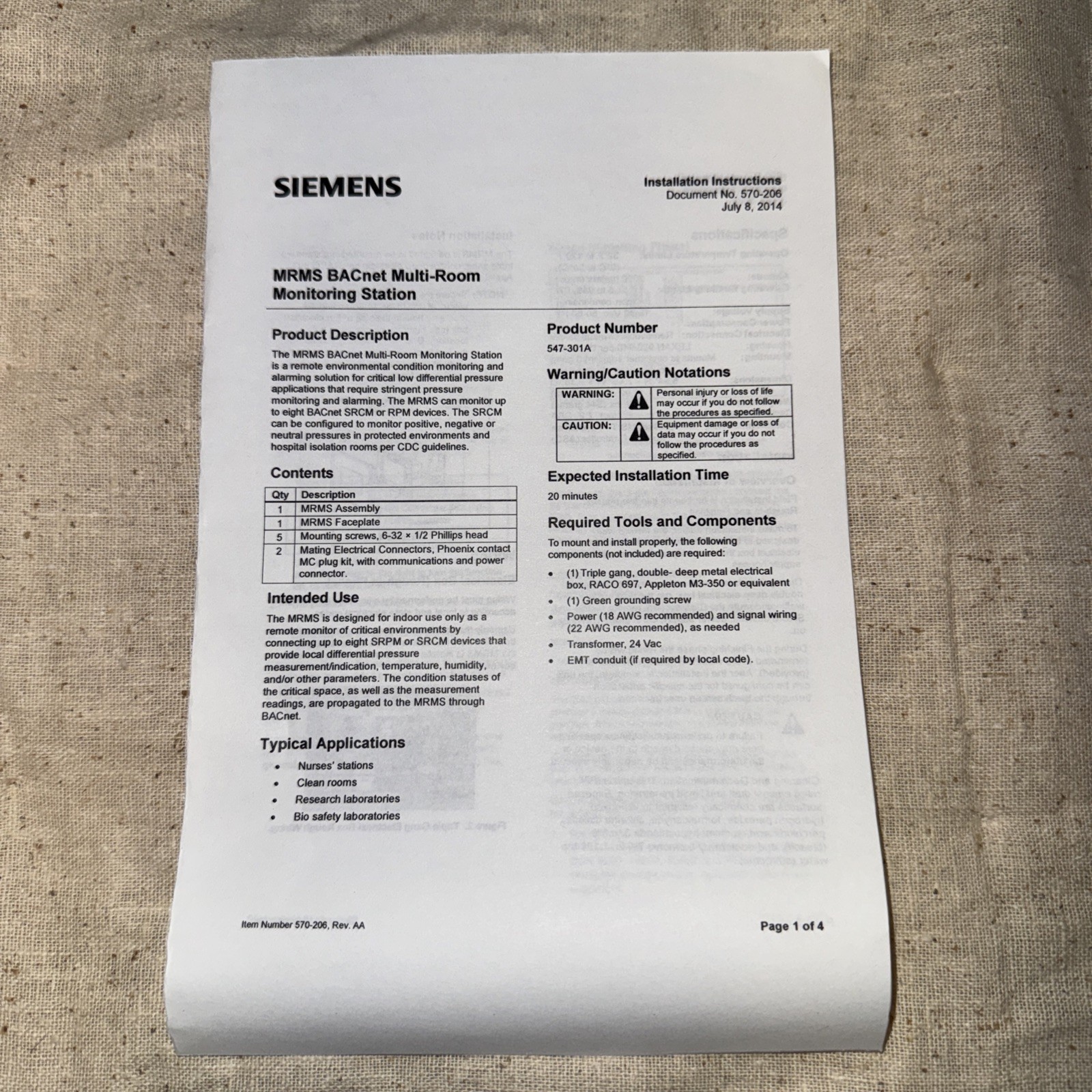 Siemens 547-301A MRMS Multi-Room Monitoring Station BACnet