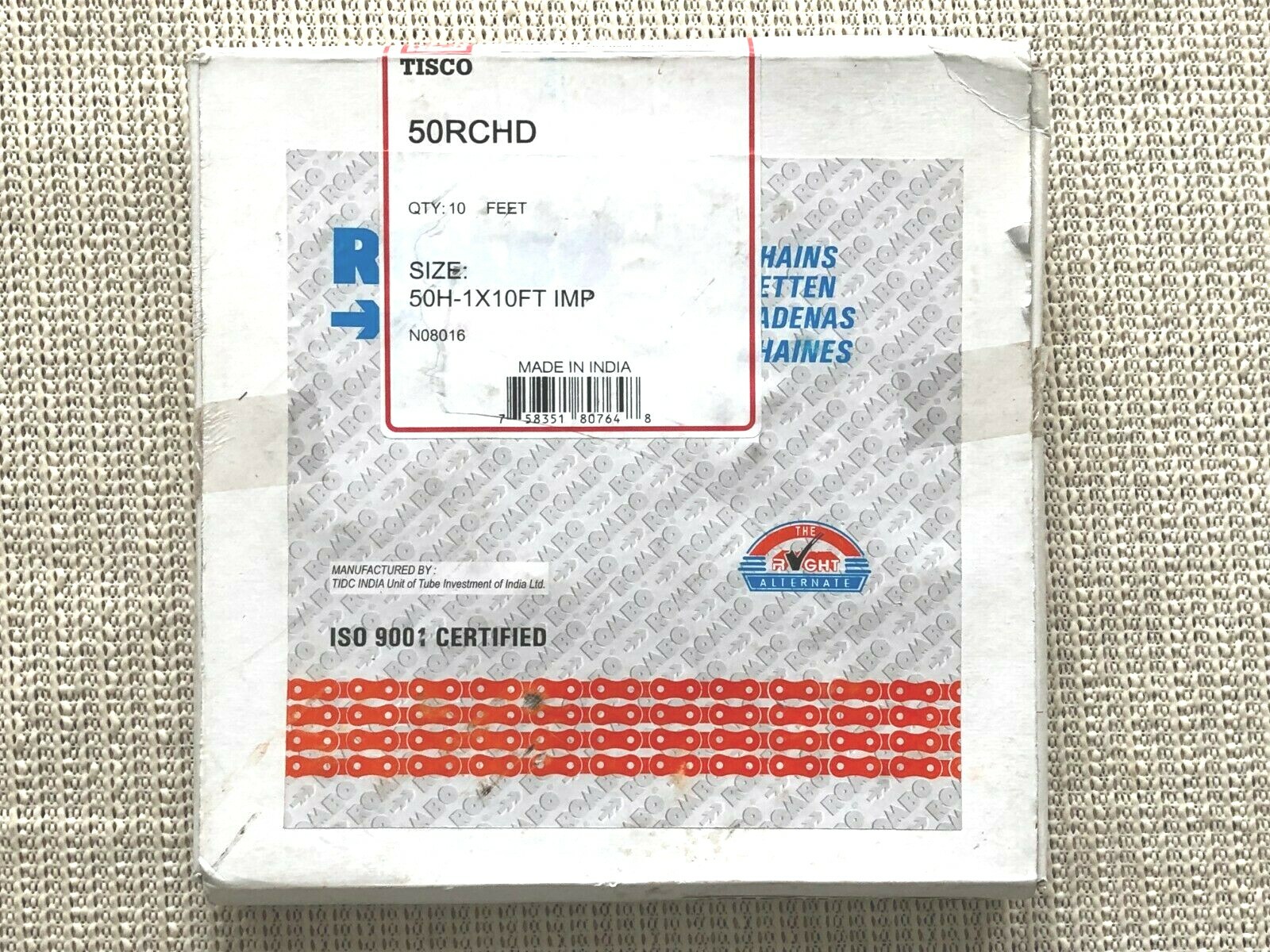 TISCO 50RCHD Roller Chain 10ft 3/8″ Roller Width 5/8″ Pitch Free Expedited Ship