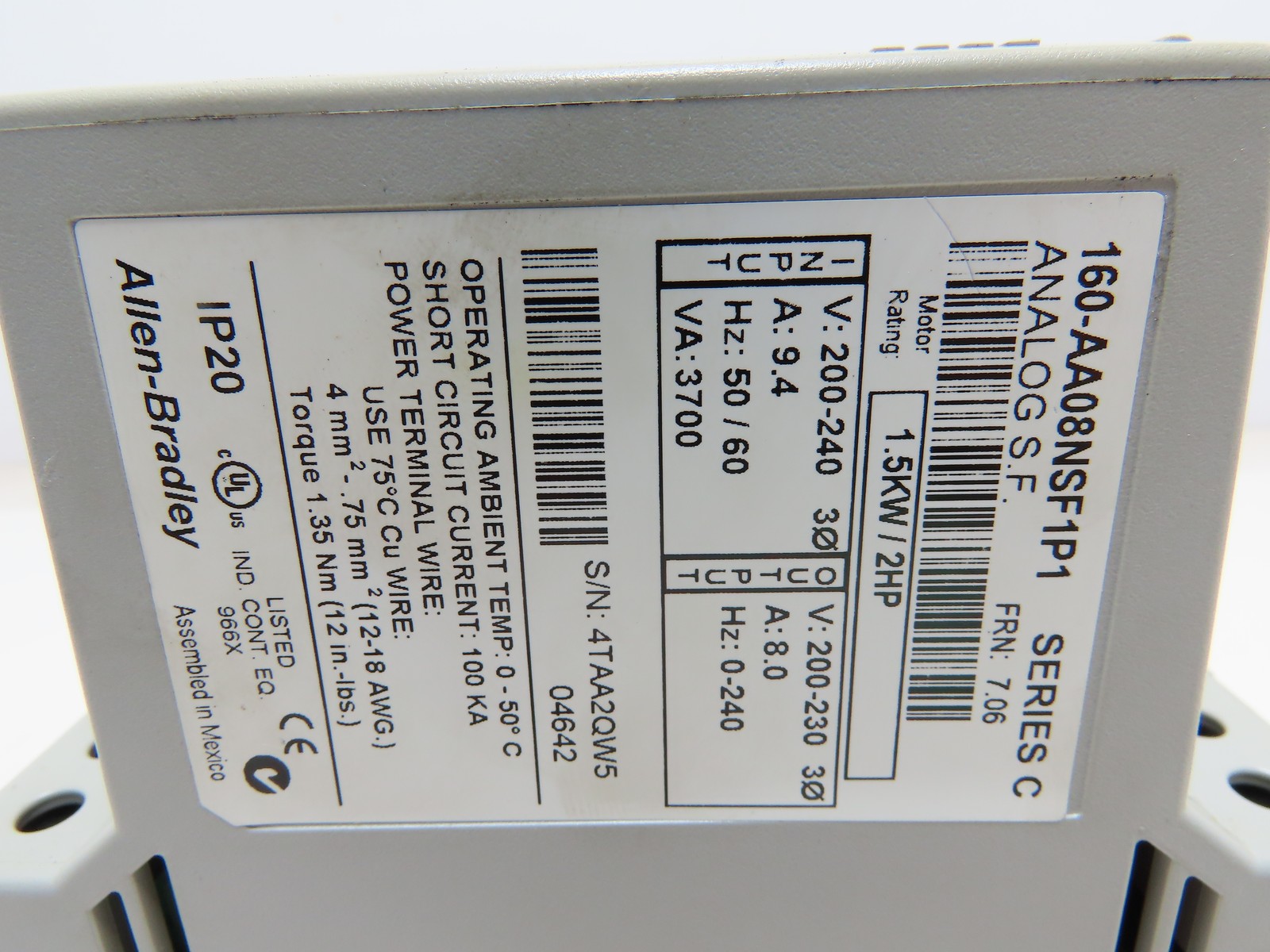 Allen Bradley 160-AA08NSF1P1 SeriesC 2HP Variable speed motor drive 200-208-230V