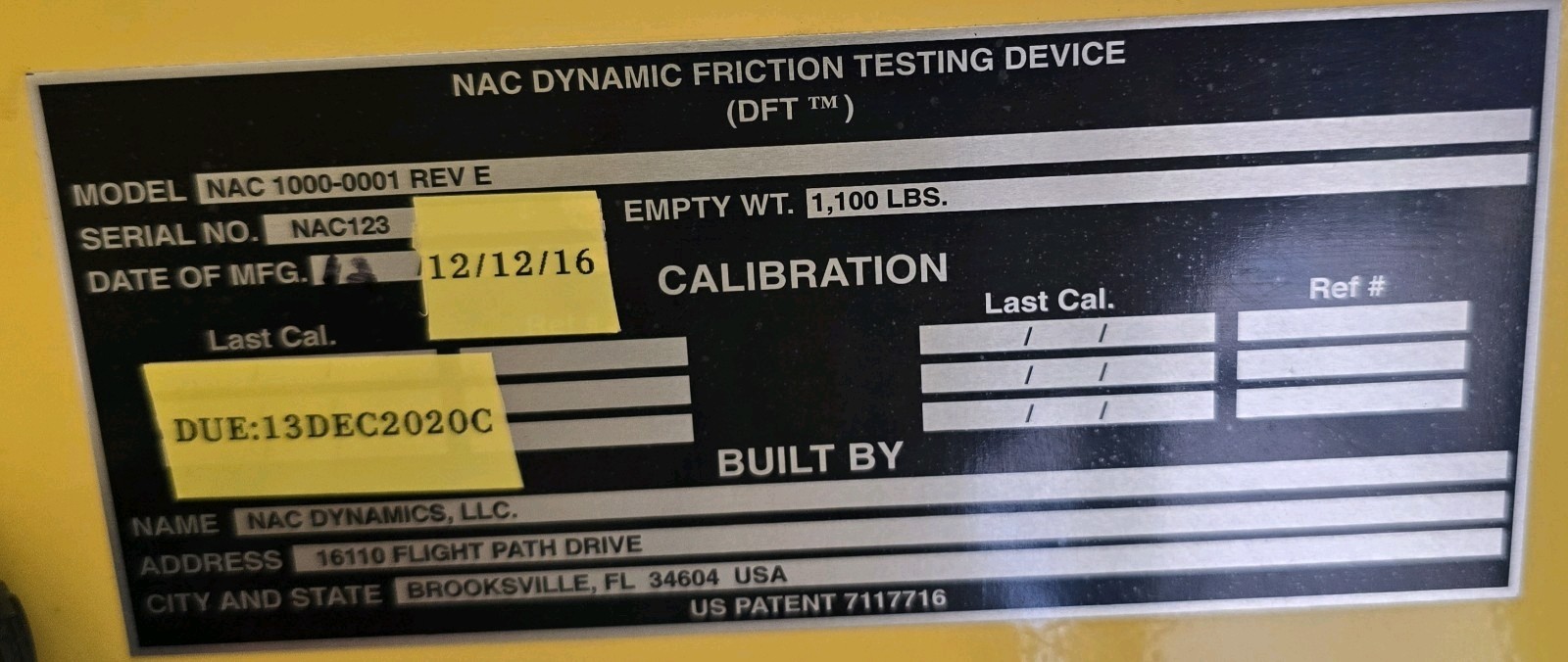 NAC 1000 Rev E Dynamic Friction Tester Airport Runways Ground Support Private