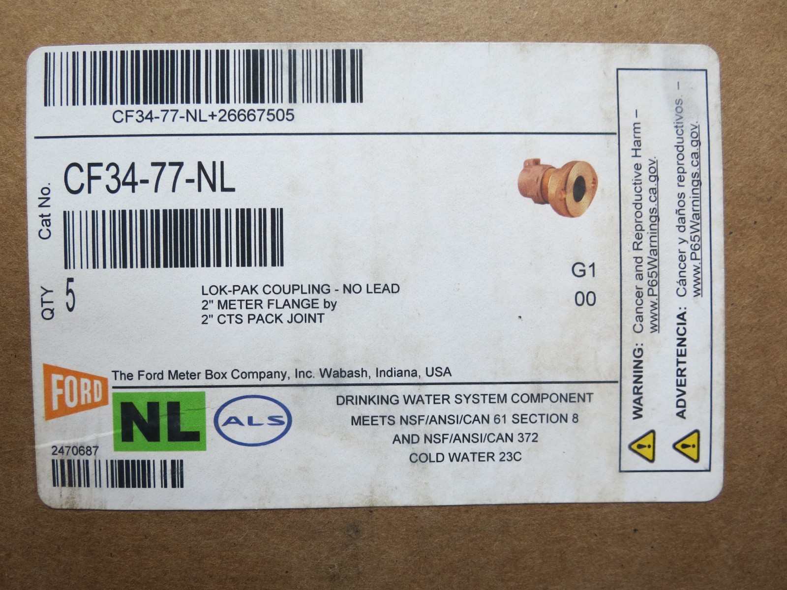 FORD Meter Box CF34-77-NL; 2 in. Flanged x CTS Pack Joint Brass Meter Coupling