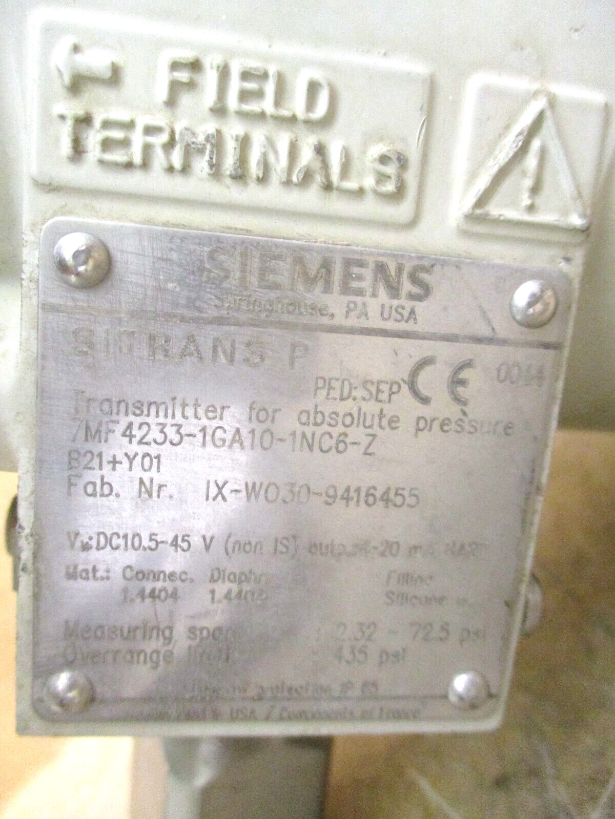 Siemens Sitrans P 7MF4233-1GA10-1NC6-Z Transmitter for Pressure 48975LIN