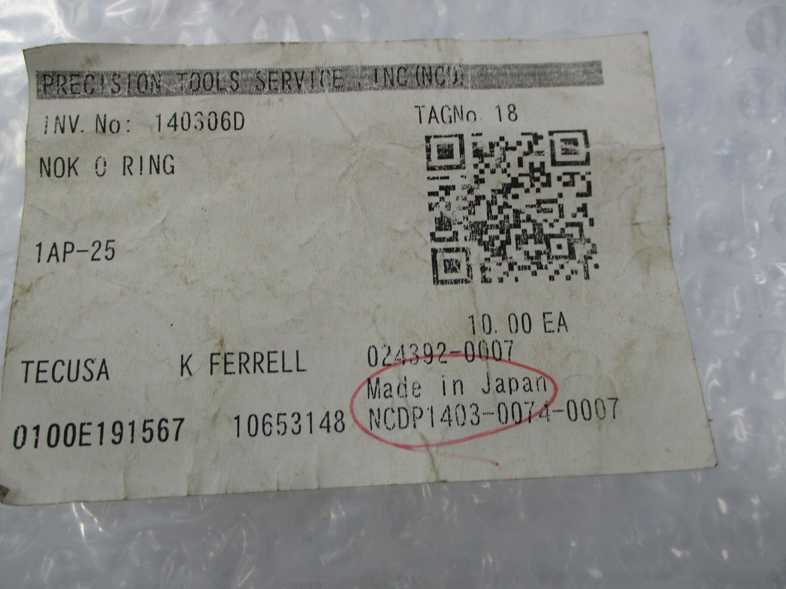 PRECISION TOOLS SERVICE 1AP-25 O-RING LOT OF 10 NSNP