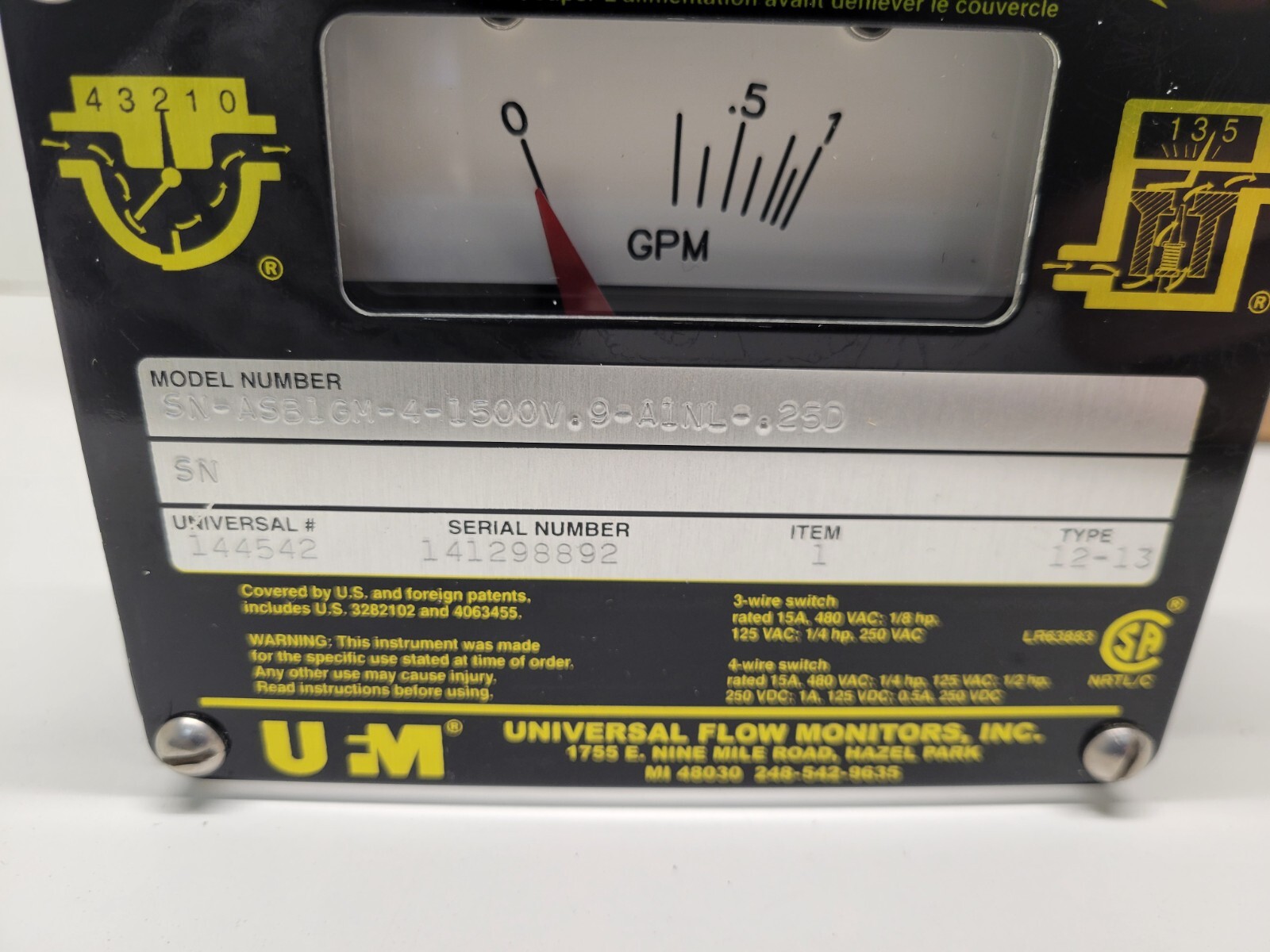 NEW OLD STOCK! UFM FLOW MONITOR SN-ASB1GM-4-1500V.9-A1NL-.25D 0-1 GPM