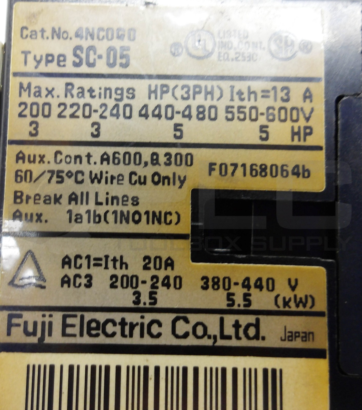 FUJI ELECTRIC SC-05 [13] CONTACTOR 13A 3PH W/ TR-0N/3 OVERLOAD RELAY