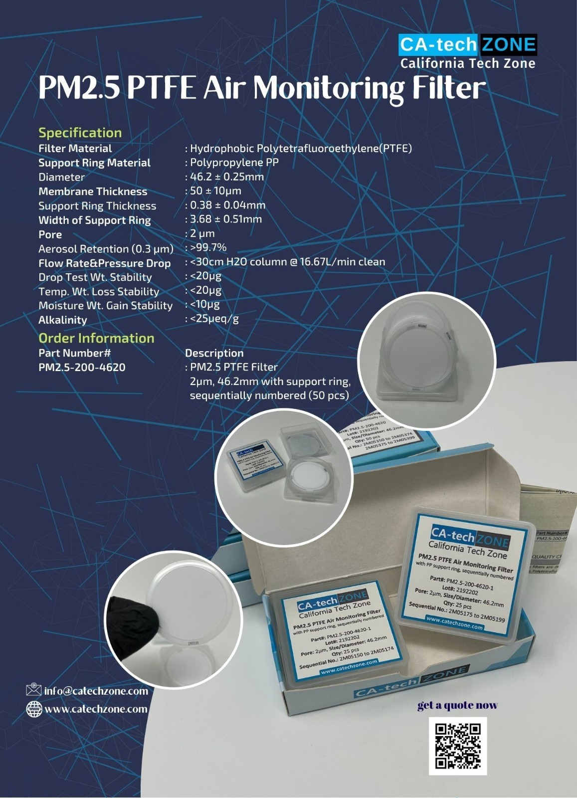 PM2.5 PTFE Air Monitoring Membrane Filter(CA-tech ZONE #PM2.5-200-4620)(50/pk)