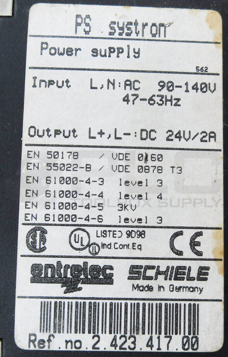 LOT OF 2 ENTRELEC 2.423.417.00 POWER SUPPLY 90-140VAC 47-63HZ