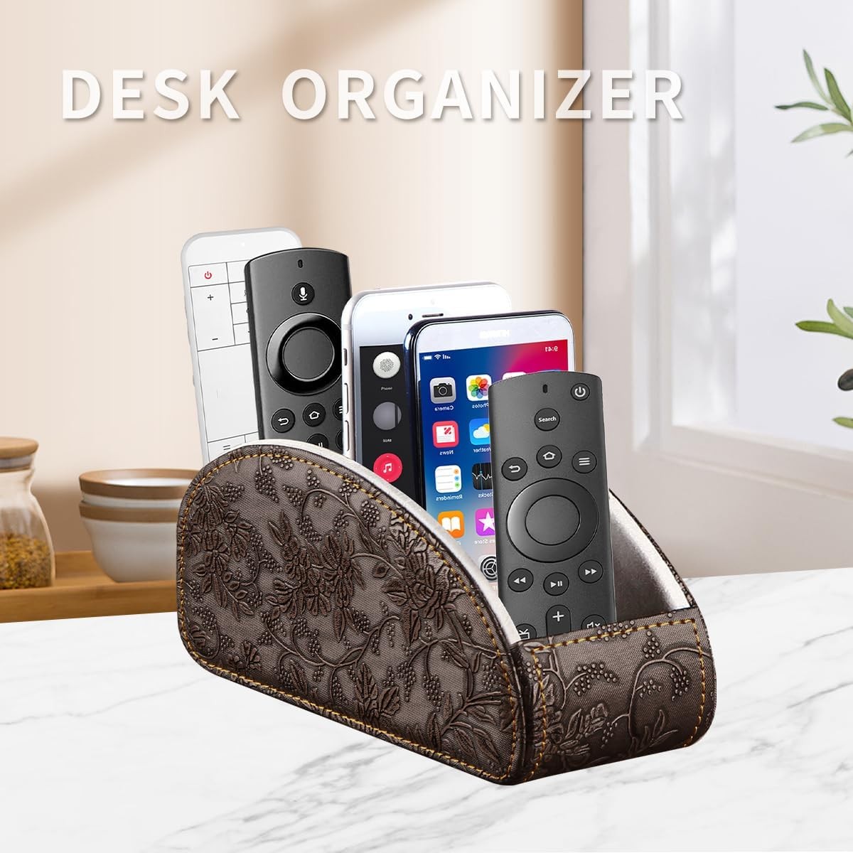 TV Remote Control Holder with 5 Compartments,Pu Leather Large, Antique Flower