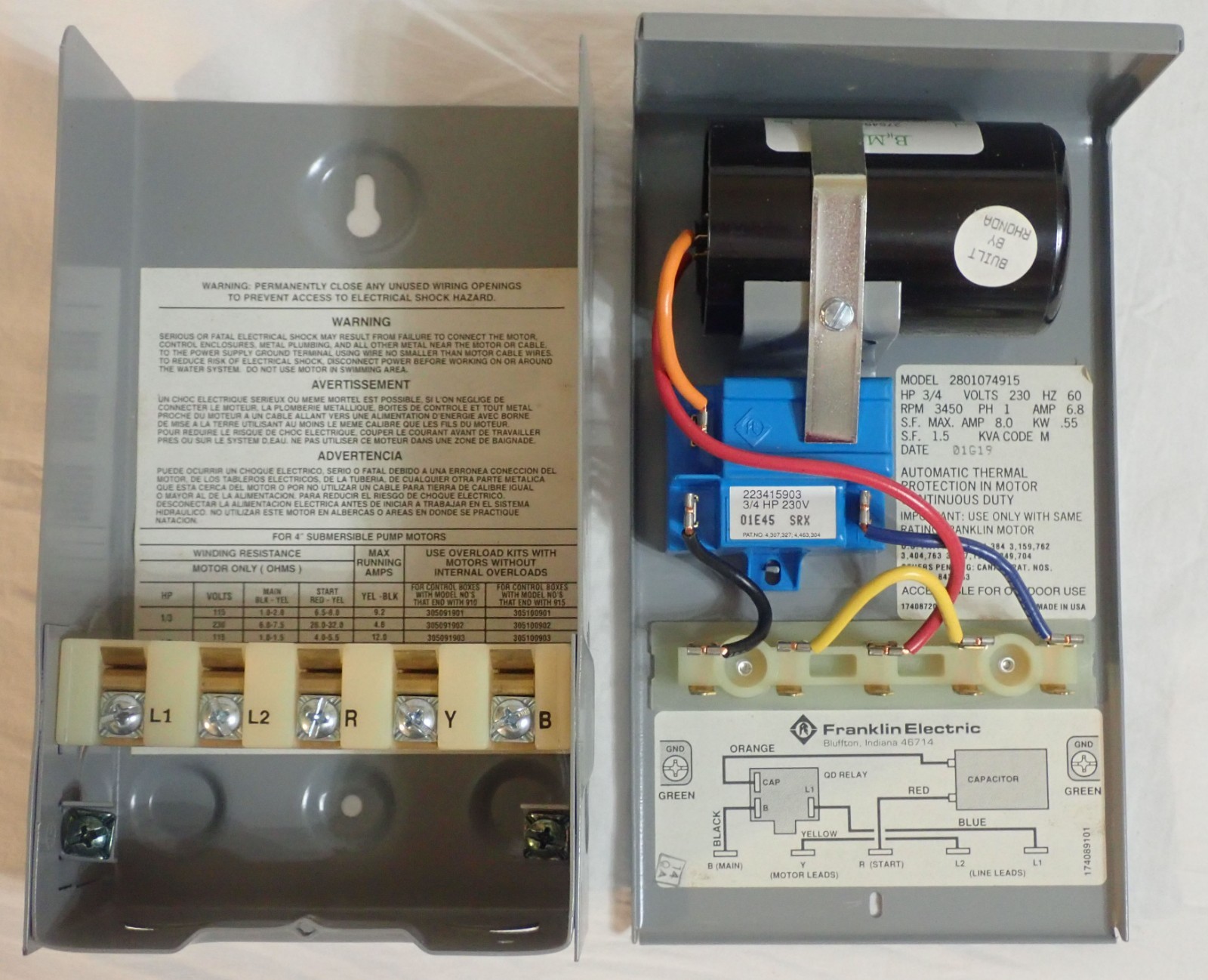NOS FRANKLIN ELECTRIC 2801074915 SUBMERSIBLE MOTOR CONTROL BOX 3/4HP 230V 60HZ