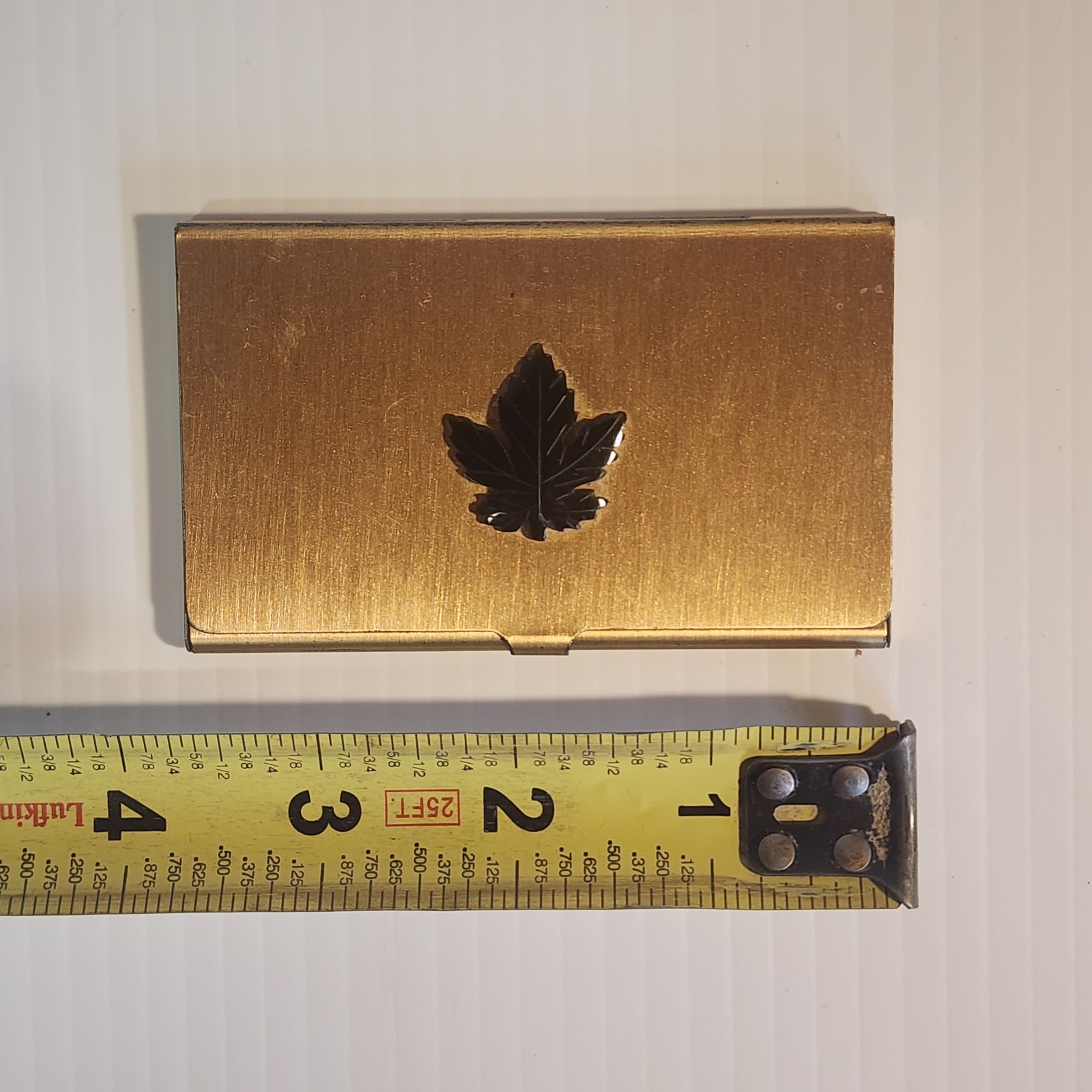 Vintage Brass Business Card Holder Maple Leaf Canada Souvenir Gold Tone Case