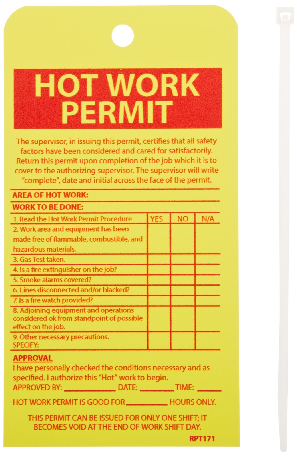 NMC RPT171 HOT Work Permit Tag – [Pack of 10] 4 in. x 7.5 in. Vinyl Accident