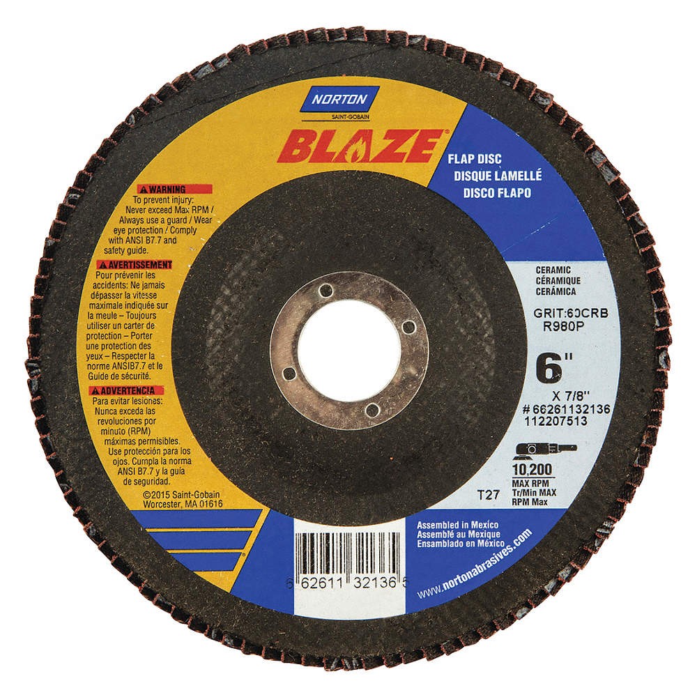 NORTON 66261132136 Flap Disc,Medium,60 Grit,6″ dia. PK 10