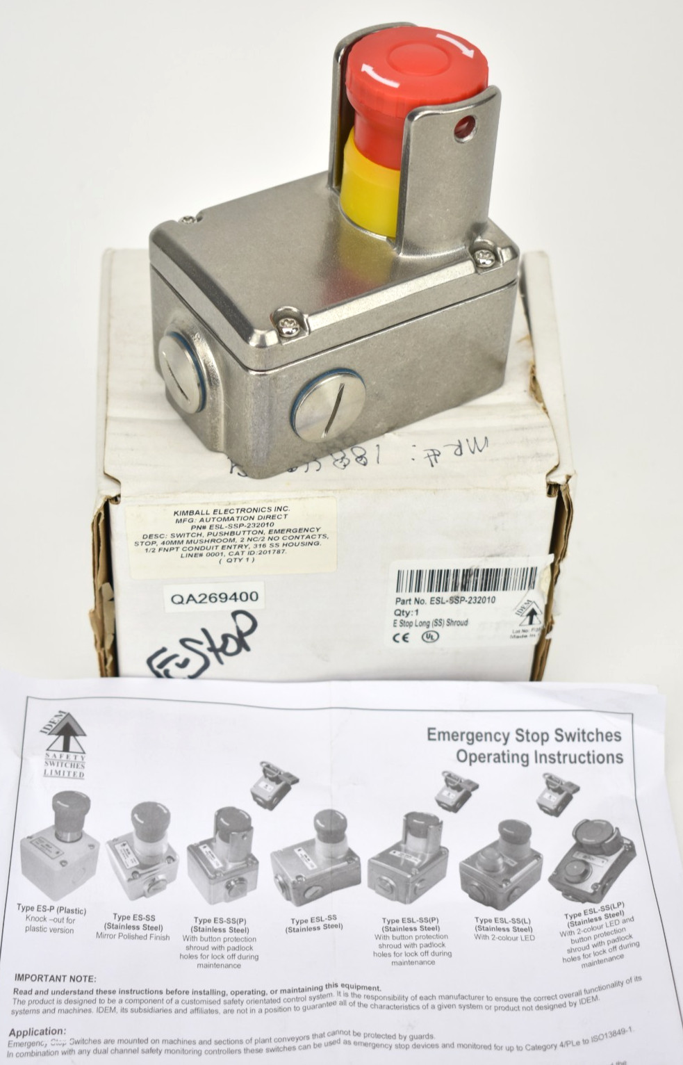 NEW IDEM ESL-SSP-232010 Emergency Stop Safety Switch 316 SS IP69K 2NC 2NO