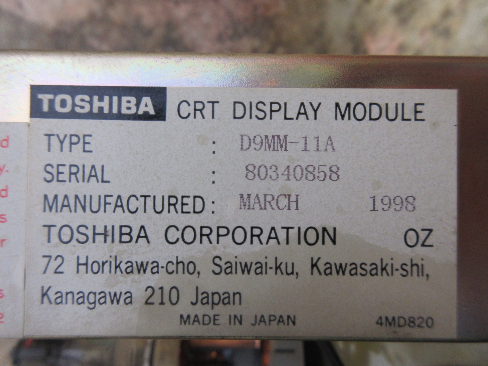 TOSHIBA CRT DISPLAY MODULE A61L-0001-0093 4MDB059G D9MM-11A MONITOR WARRANTY