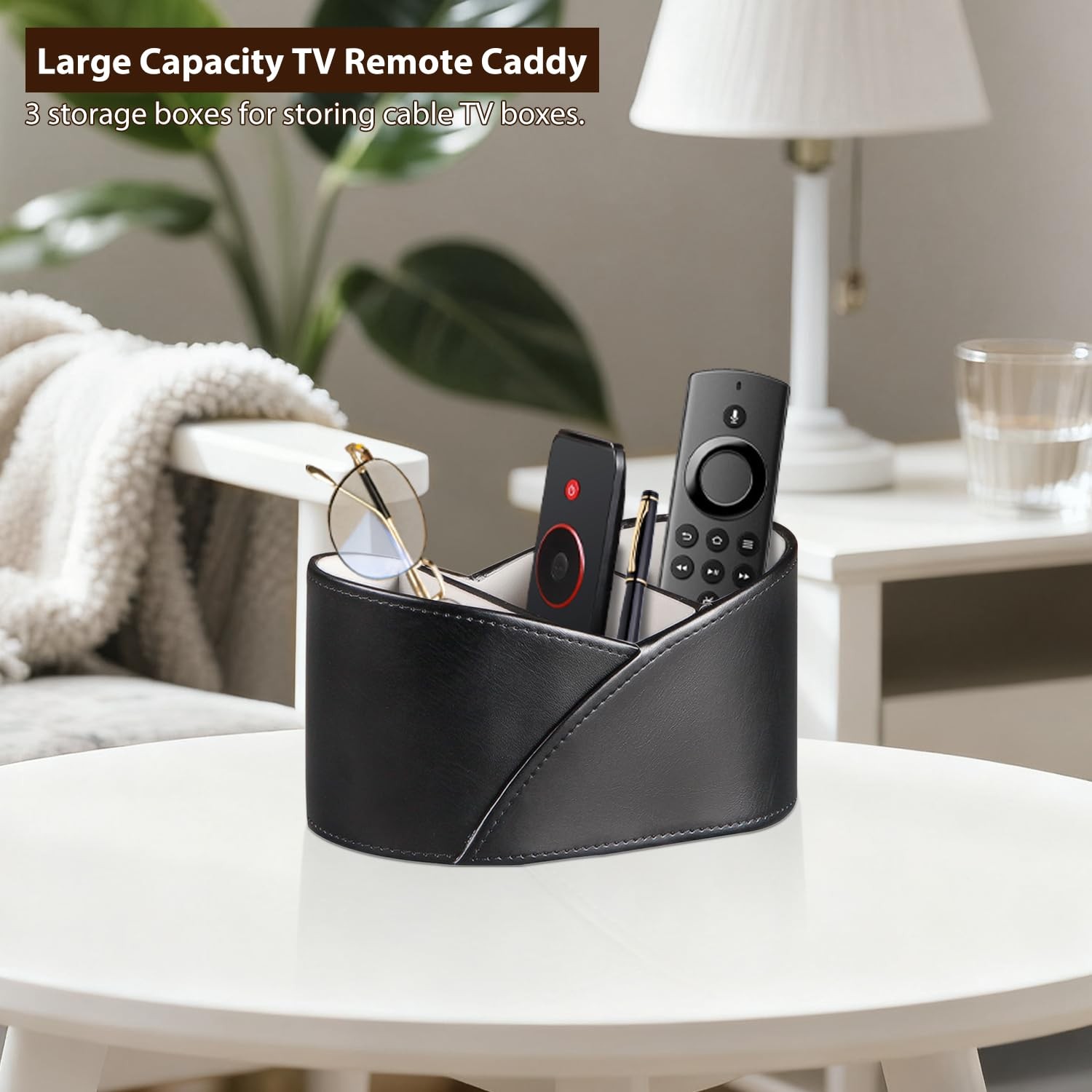 PU Leather TV Remote Control Holder with 3 Compartments, Bedside Table Black