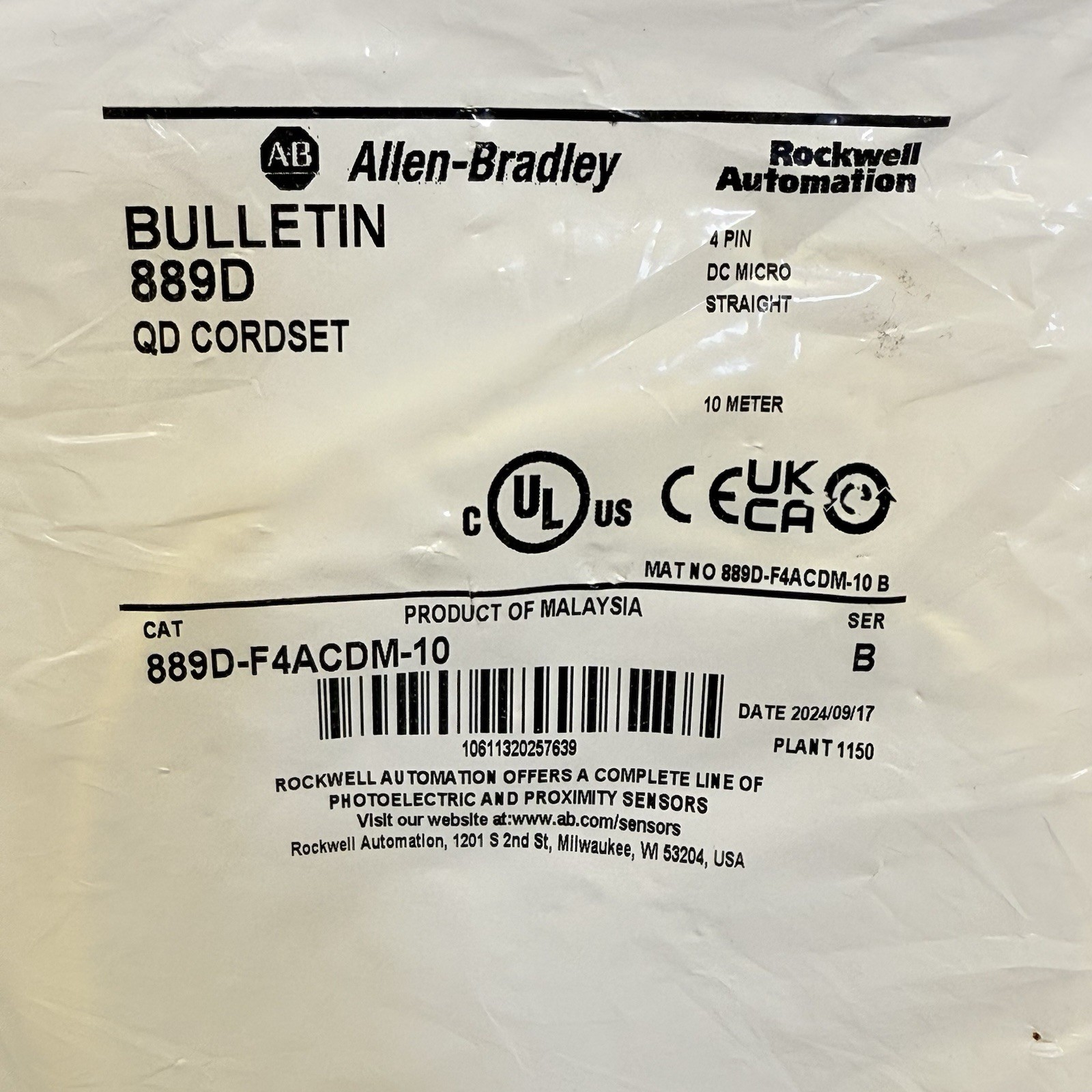 ALLEN BRADLEY 889D-F4ACDM-10 4 PIN DC MICRO QD CORDSET STRAIGHT