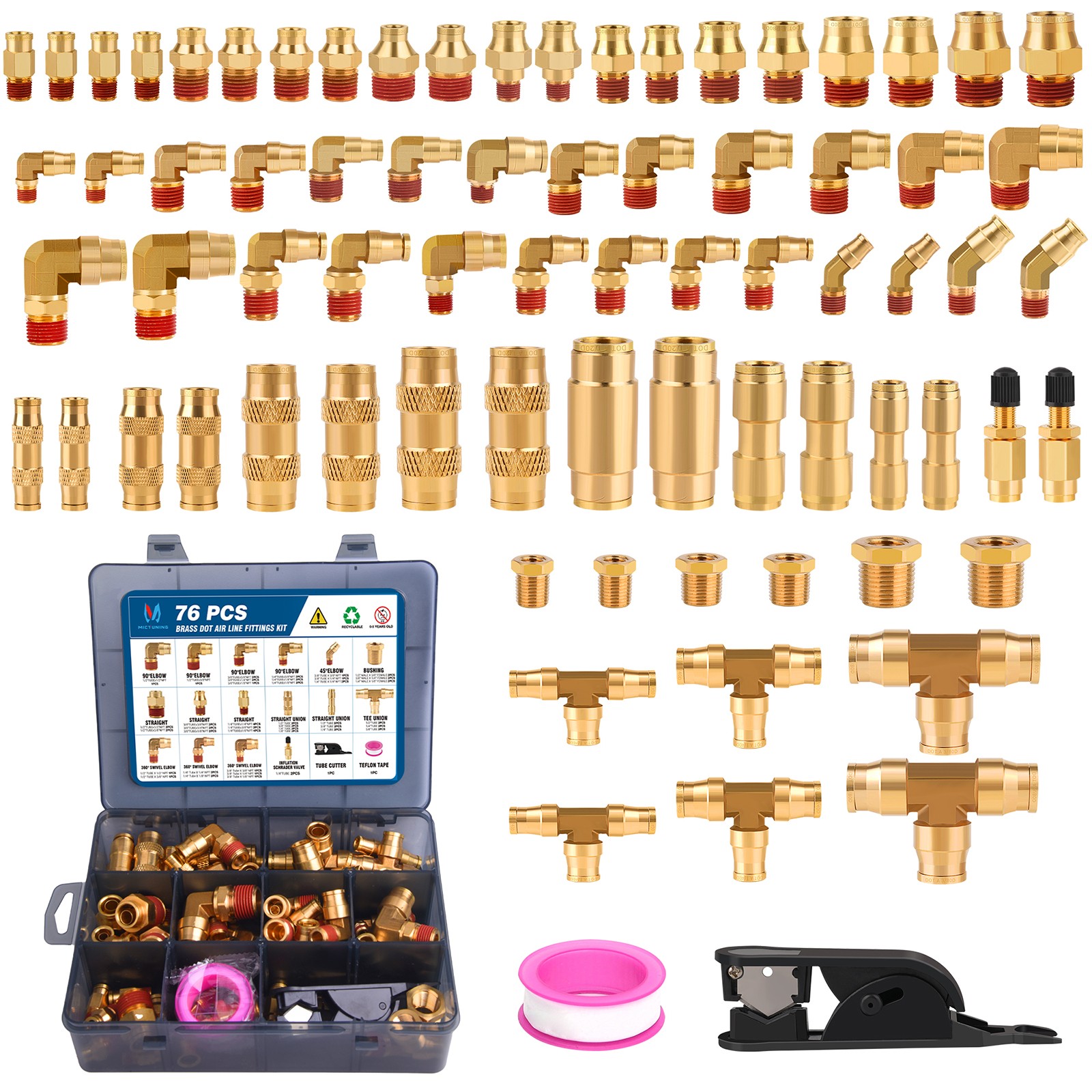76Pc Brass DOT Air Line Fittings Kit Push Lock Quick Connect 1/8″ 3/8″ 1/4″ 1/2″