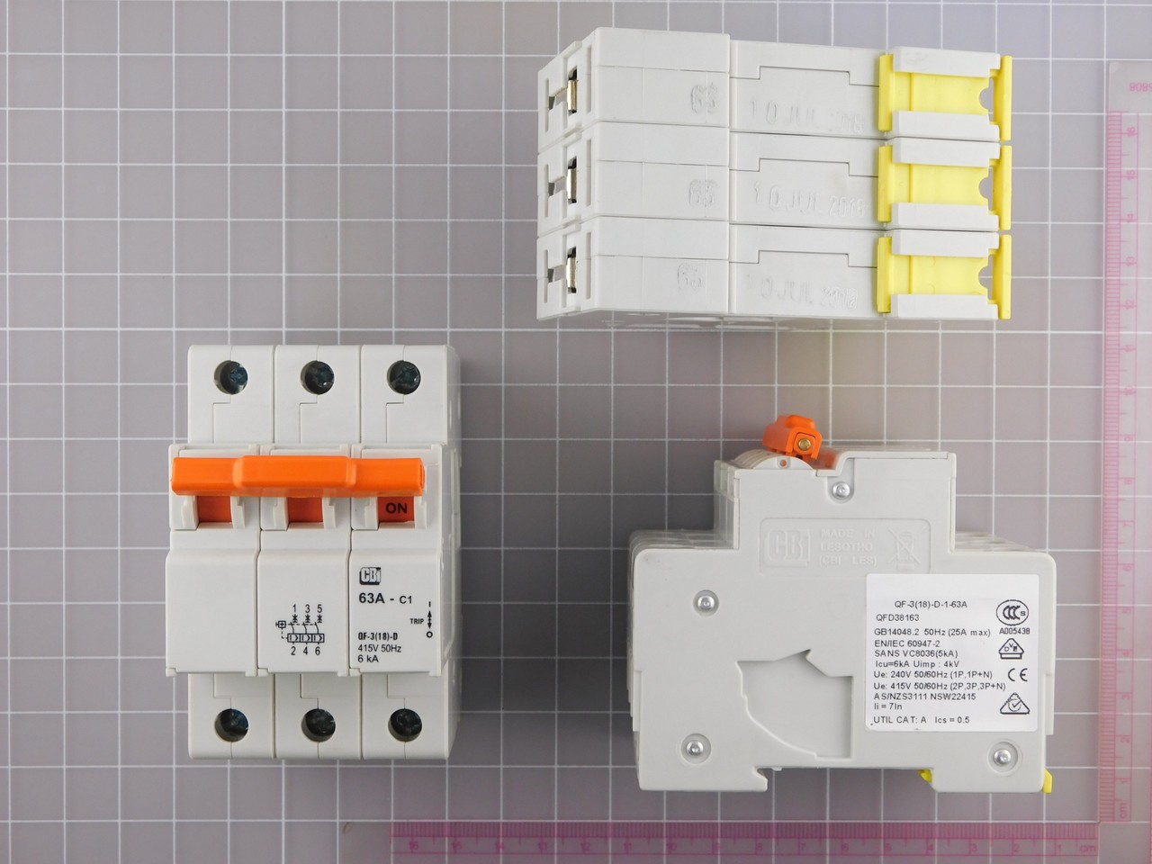 Lot of 2 CBI ELECTRIC QF-3(18)-D-1-63A 63 amp, 3-pole circuit breaker with a 18