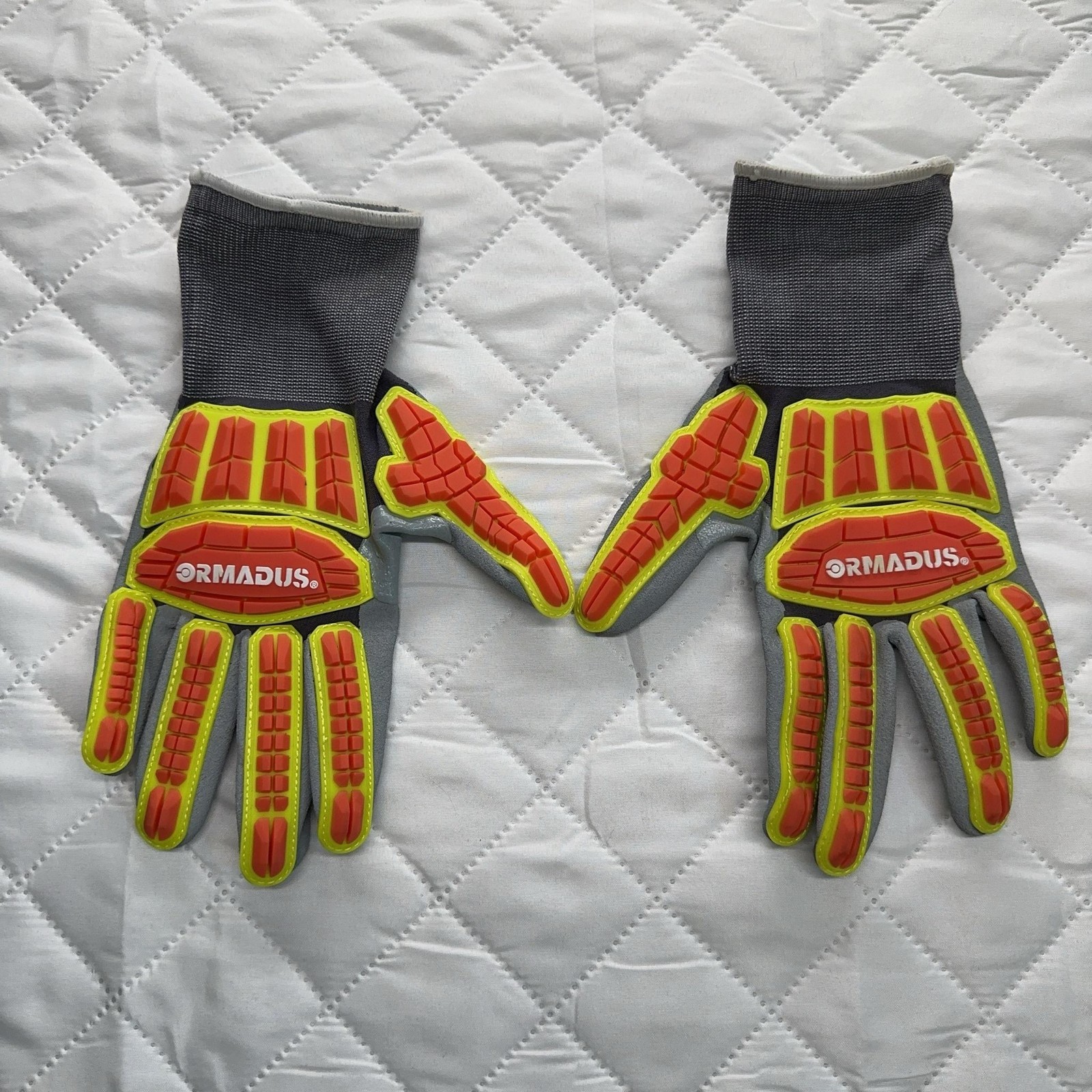 ORMADUS Impact Resistant Work Gloves Large L/9 Gray Hi-Vis Red Yellow ANSI A1