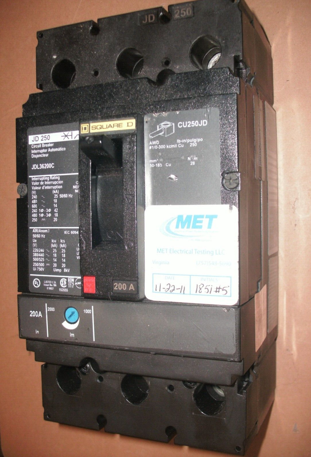 SQUARE D JDL36200C 3 POLE 200 AMP 600V CIRCUIT BREAKER