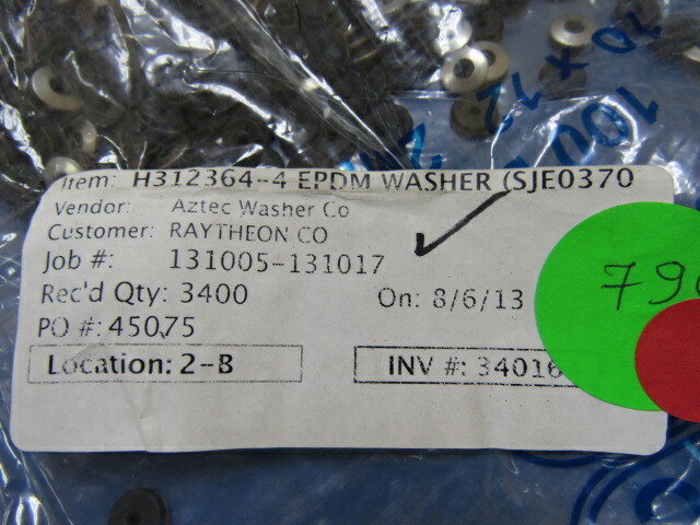AZTEC WASHER CO H312364-4 Qty of 790 per Lot EPDM WASHER; ALSO SJE0370; LOT OF