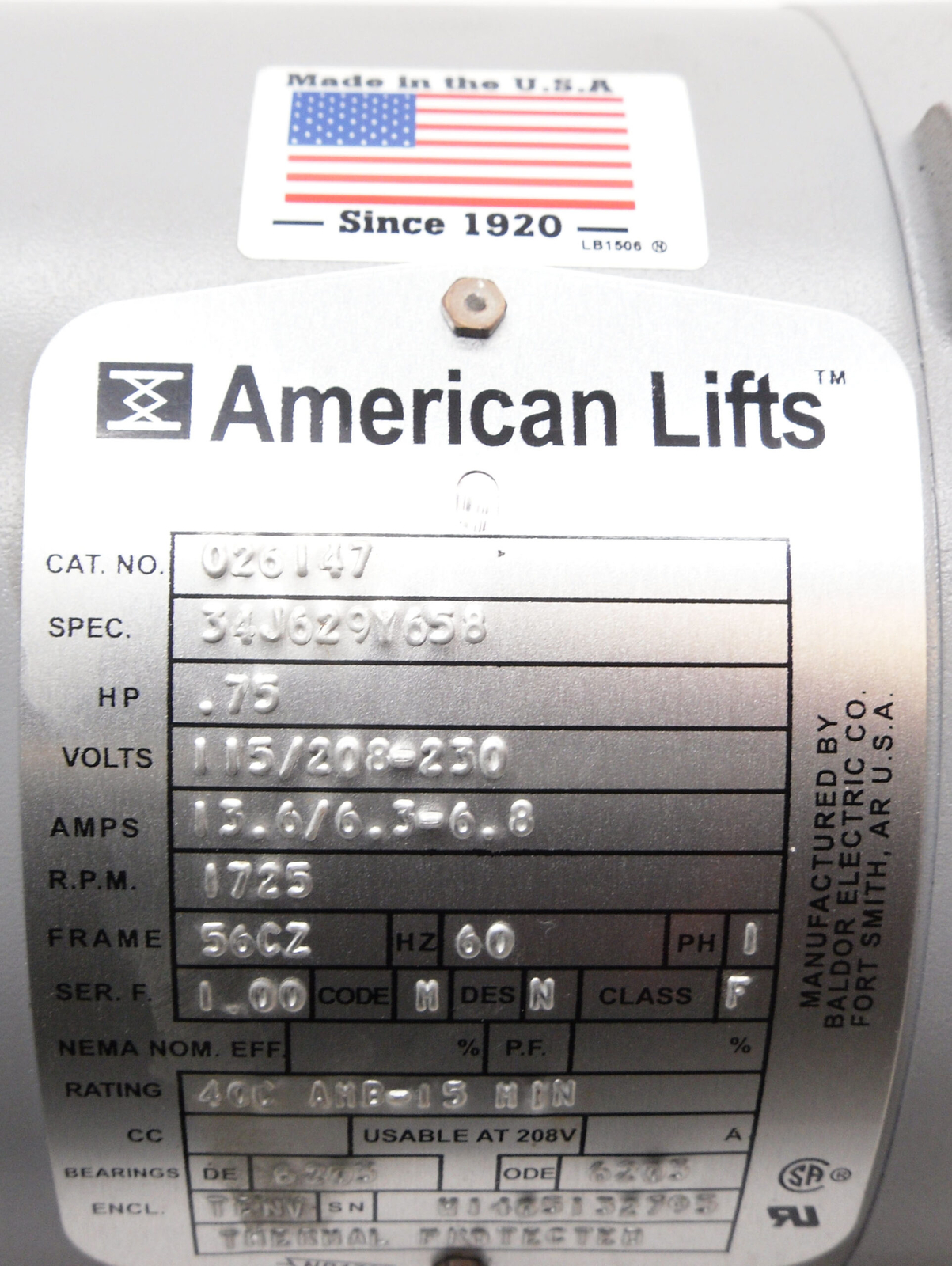 NEW BALDOR AMERICAN LIFTS 026147 MOTOR .75HP 1725RPM FR:56CZ 34J629Y658