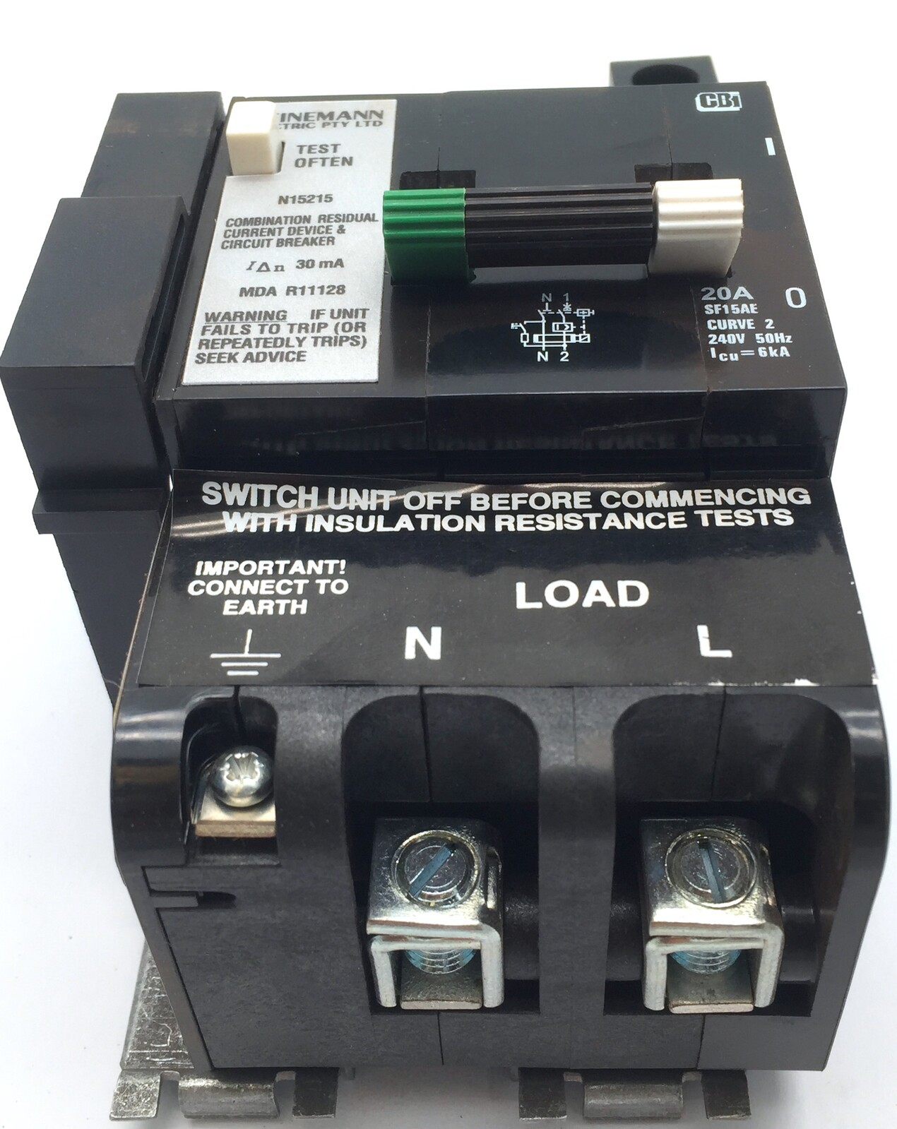 CBi Electric Heinelec SFISAE20 Combined RCD/MCB RCBO 6kA 20A 30mA 2P