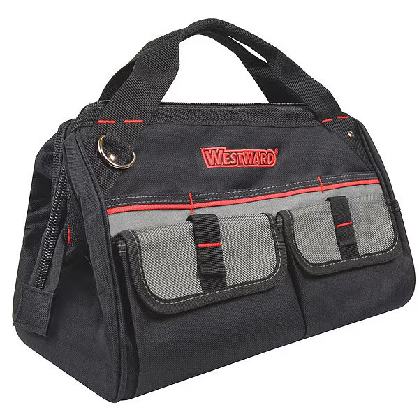 Westward Tool Bag 14 Inch Black Polyester 21 Pocket Wide Mouth Zipper Strap