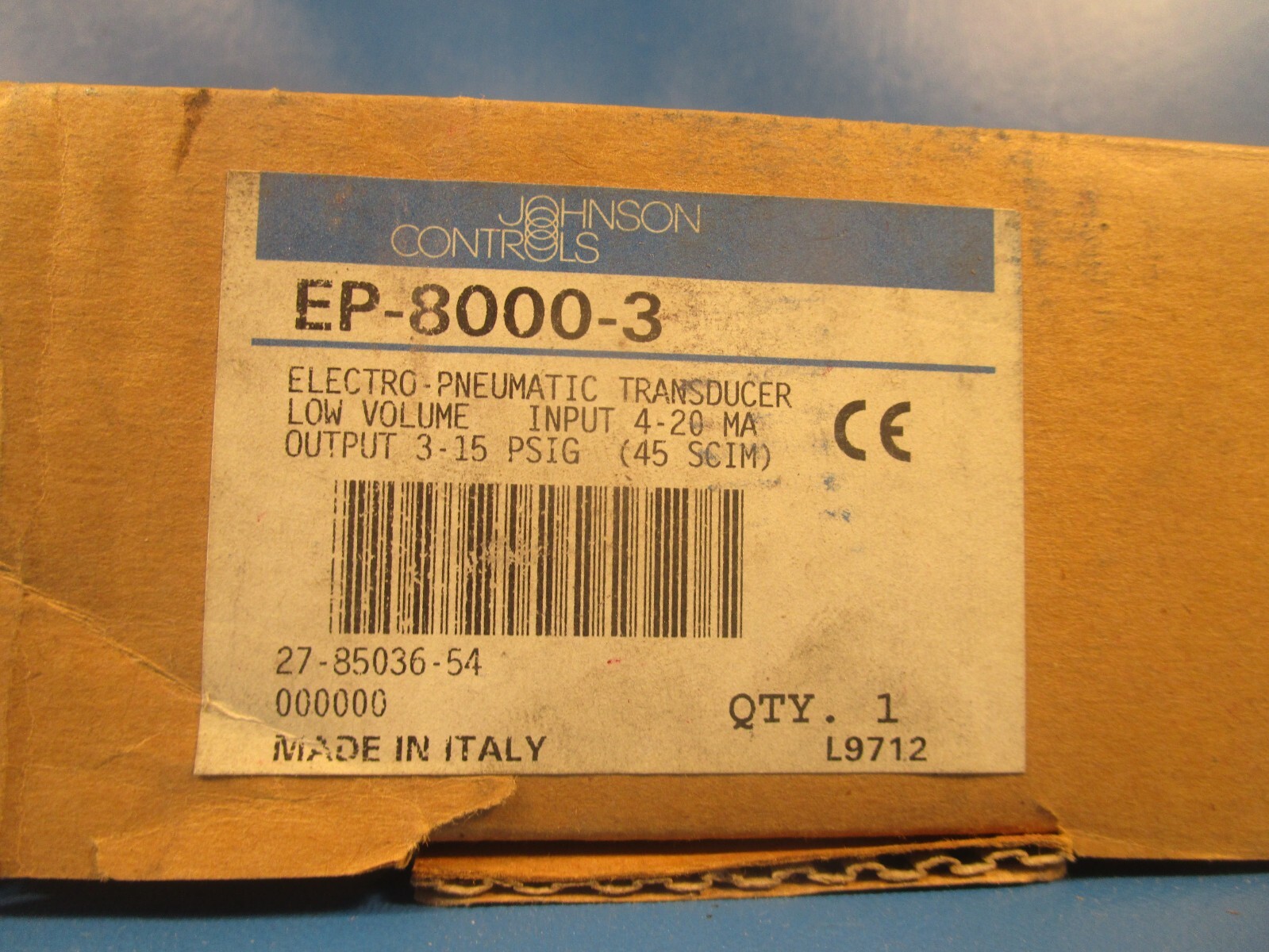 JOHNSON CONTROL EP8000-3, Electro-Pneumatic Transducer, Low Volume, Non-Relay
