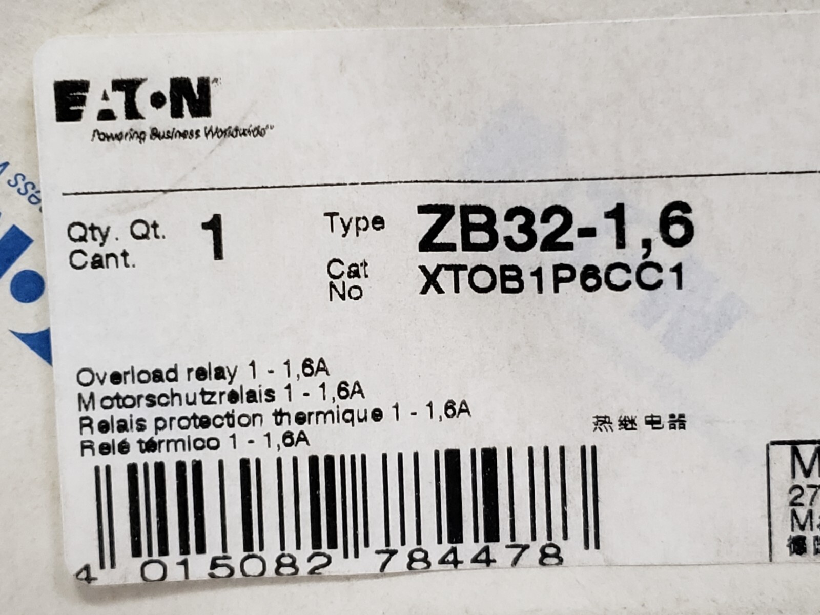 EATON ZB32-1,6 XTOB1P6CC1 THERMAL OVERLOAD RELAY 1-1.6A 3 POLE 1NO 1NC NIB