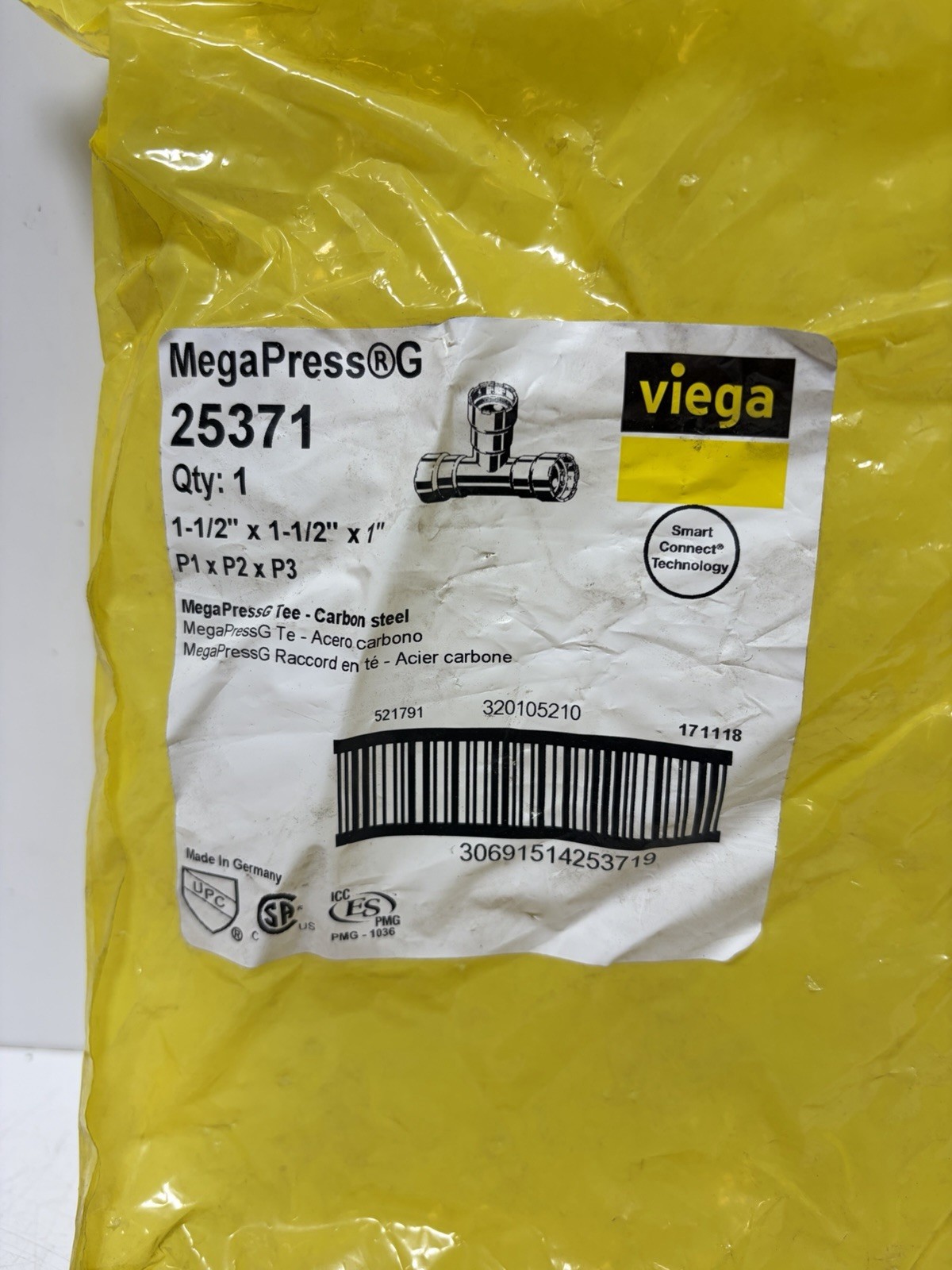 Viega 1-1/2″ x 1-1/2″ x 1″ MegaPressG #25371 Carbon Steel Tee P1 x P2 x P3