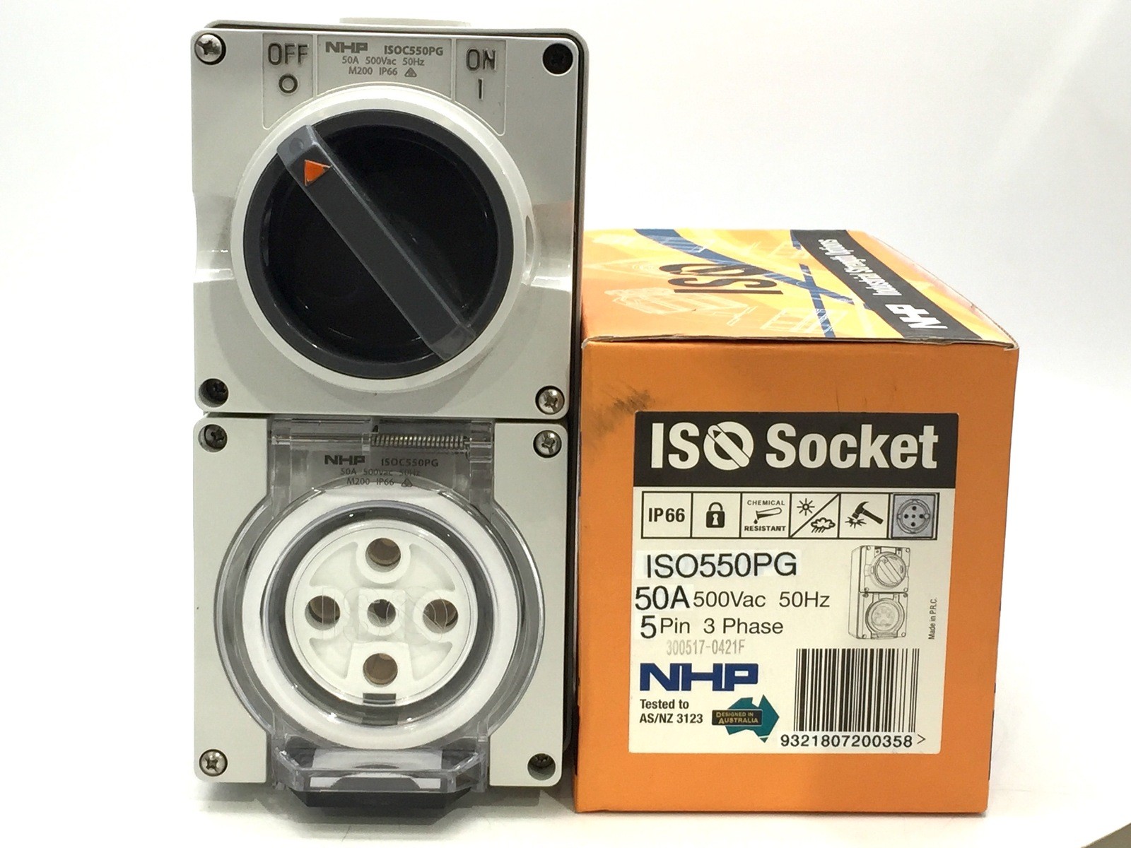 NHP ISOC550PG Switched Socket Outlet 5 Round Pin 50A 500V 63mm Base Grey