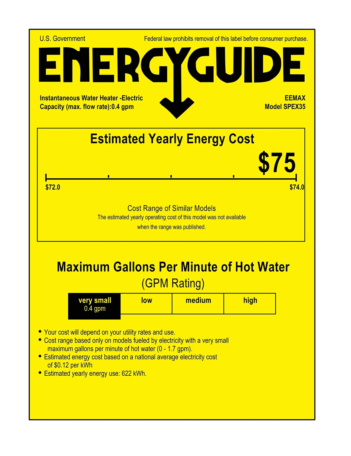 Eemax SPEX35 FlowCo Tankless Electric Water Heater White